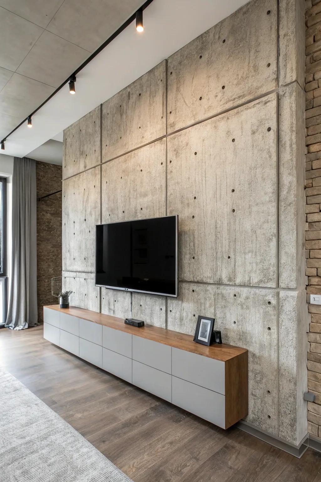 Concrete panels provide an urban industrial vibe to this TV wall.