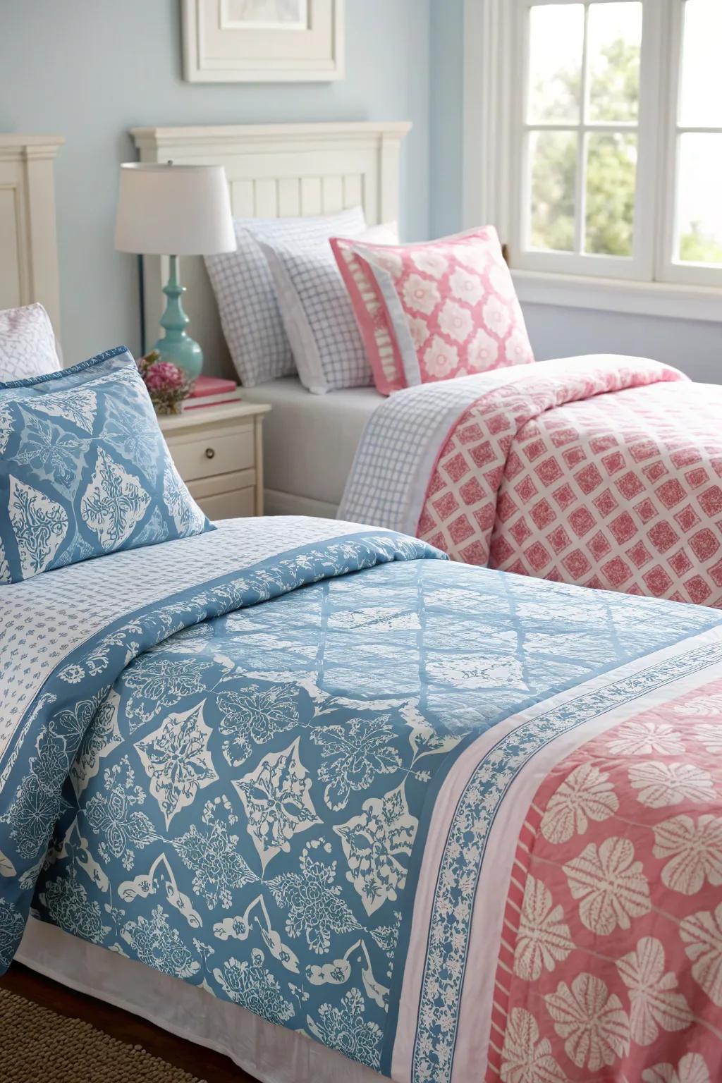 Experimenting with mix and match bedding allows the beds to stand out with their individual flair.