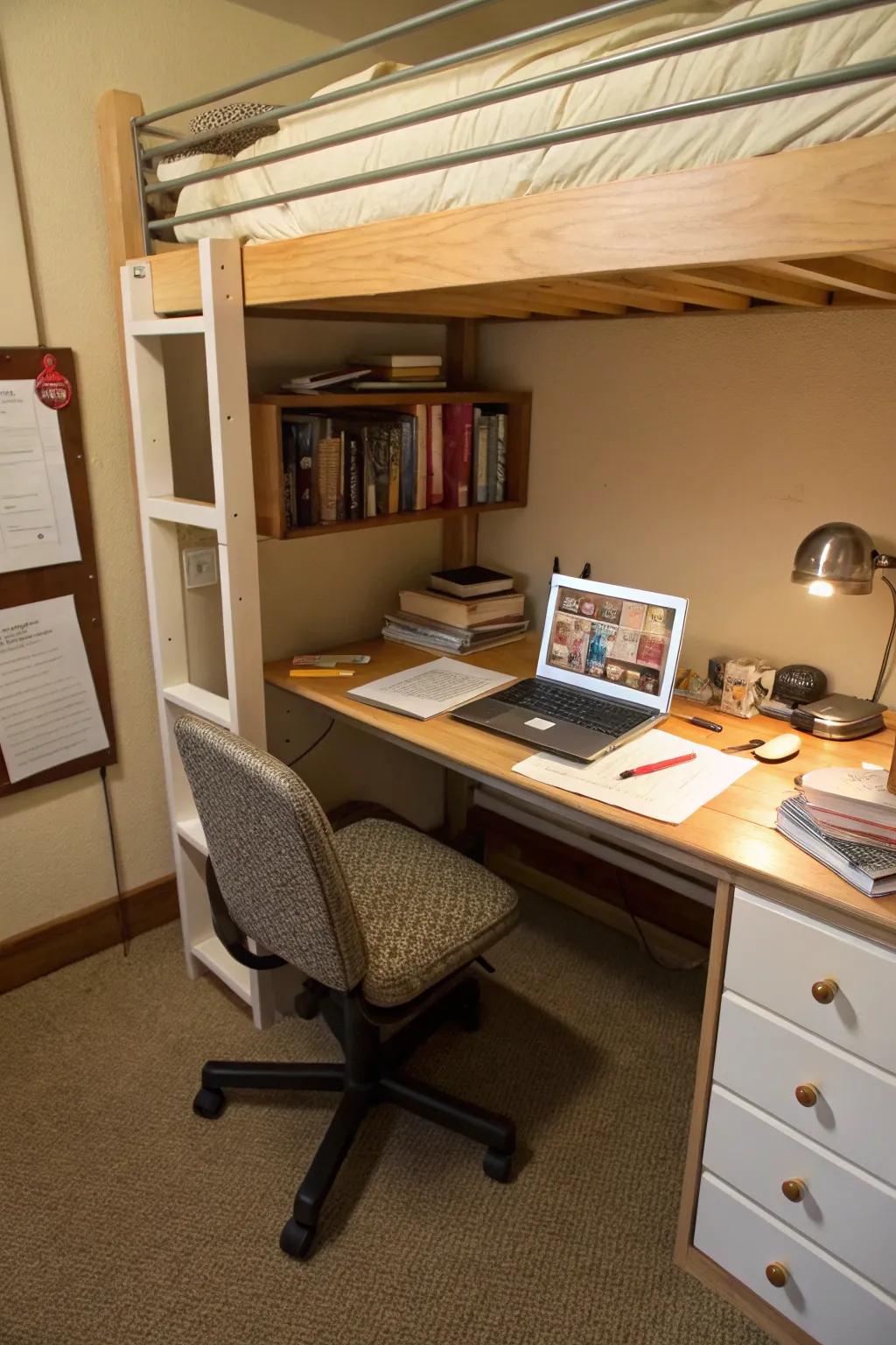 A productive mini office beneath the bunk bed.