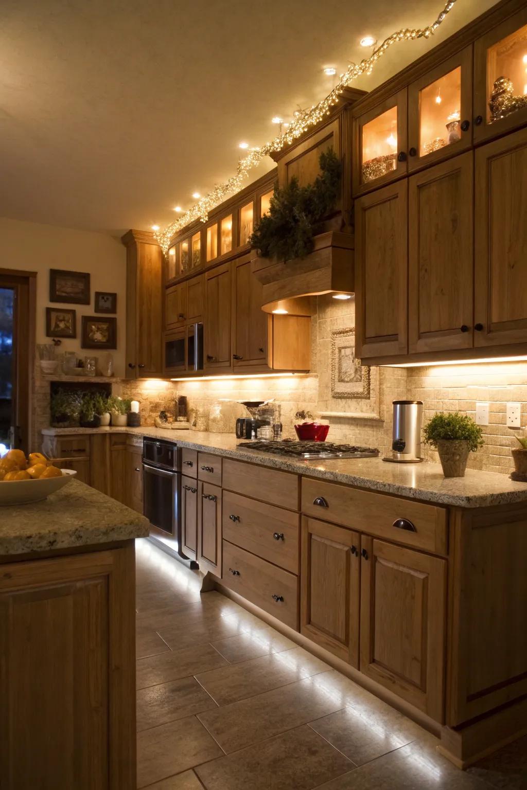 Warm white lights build a snug and inviting kitchen ambiance.