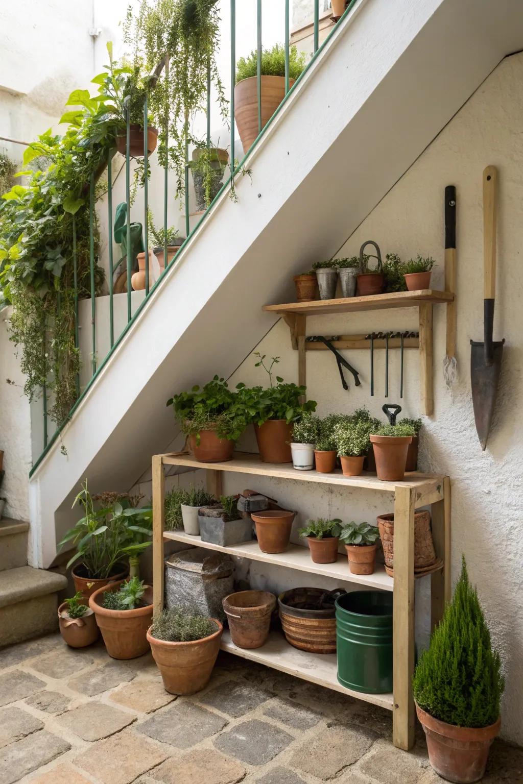 A place for a gardener under the stairs for people with a love for plants.