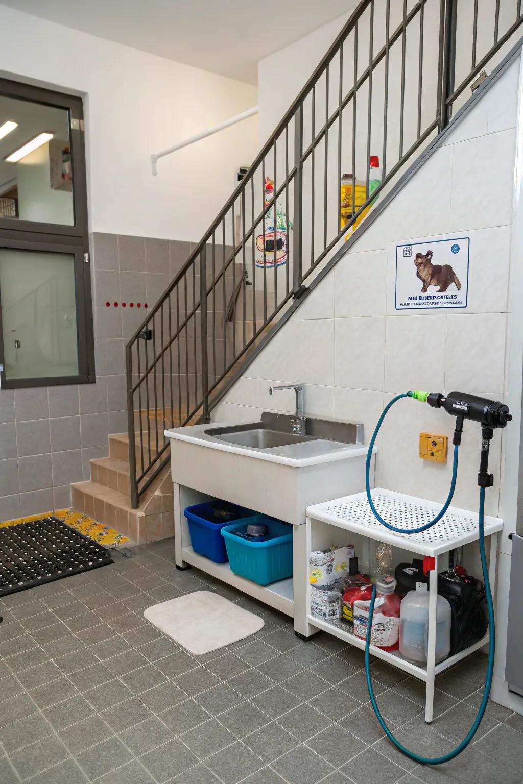 A convenient pet washing spot cleverly placed beneath the staircase.