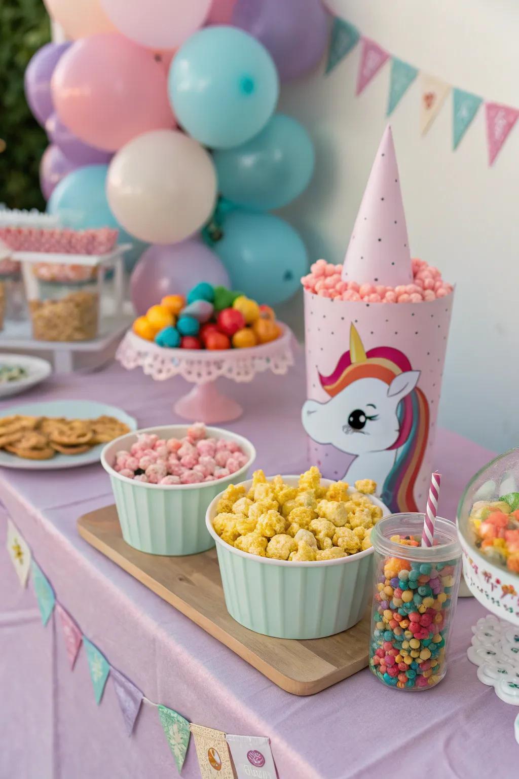 A magical unicorn snack kiosk with bright treats.