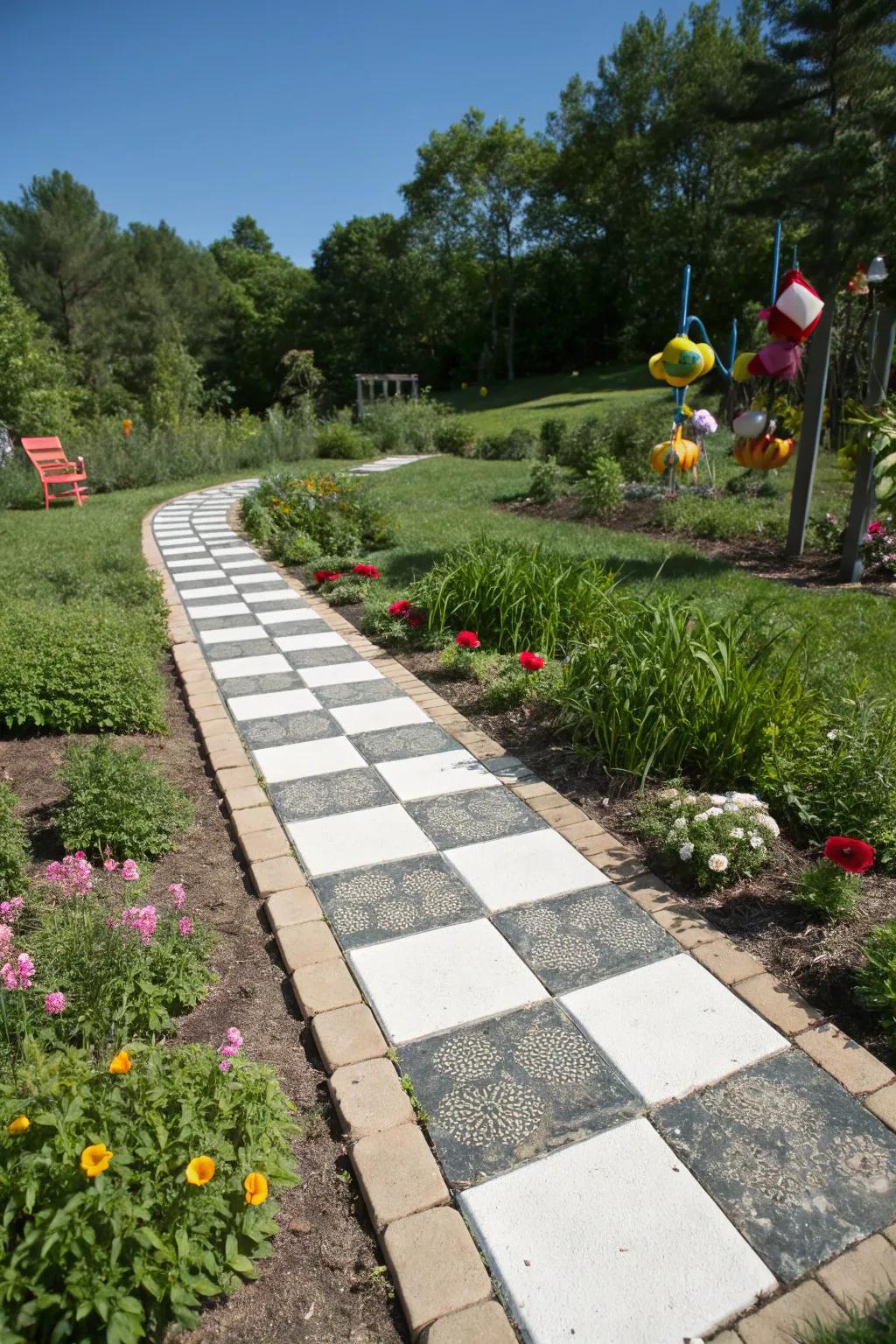Tiled paths bring a playful and dynamic pattern to garden design.