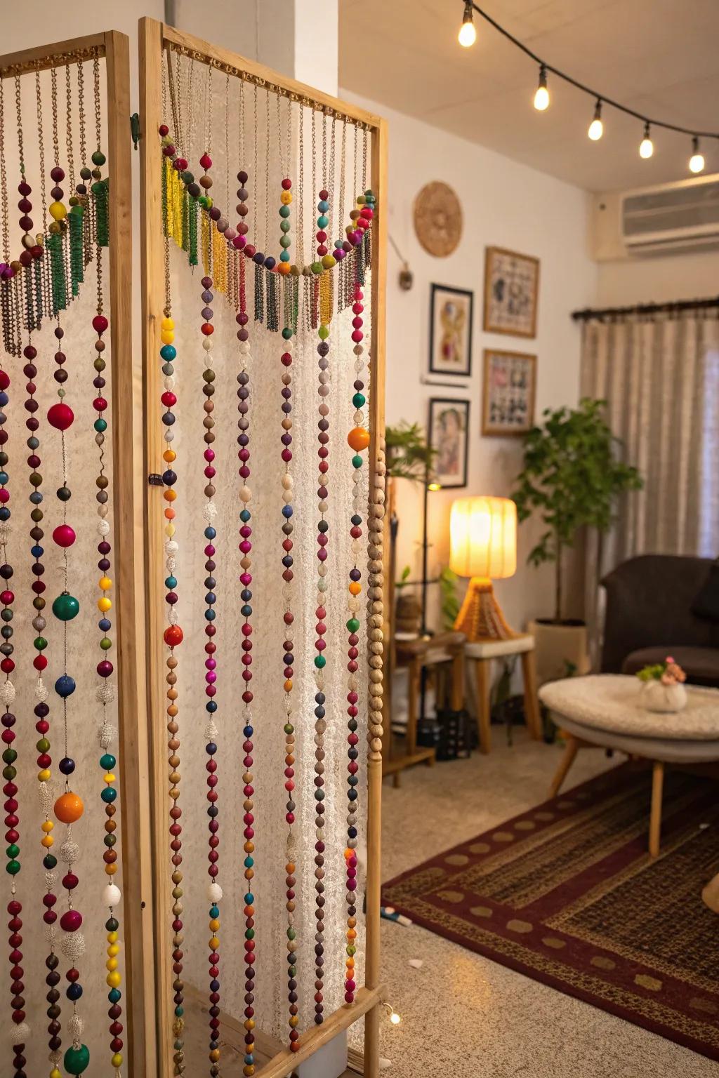A beaded divider that gives off a playful, bohemian spirit.
