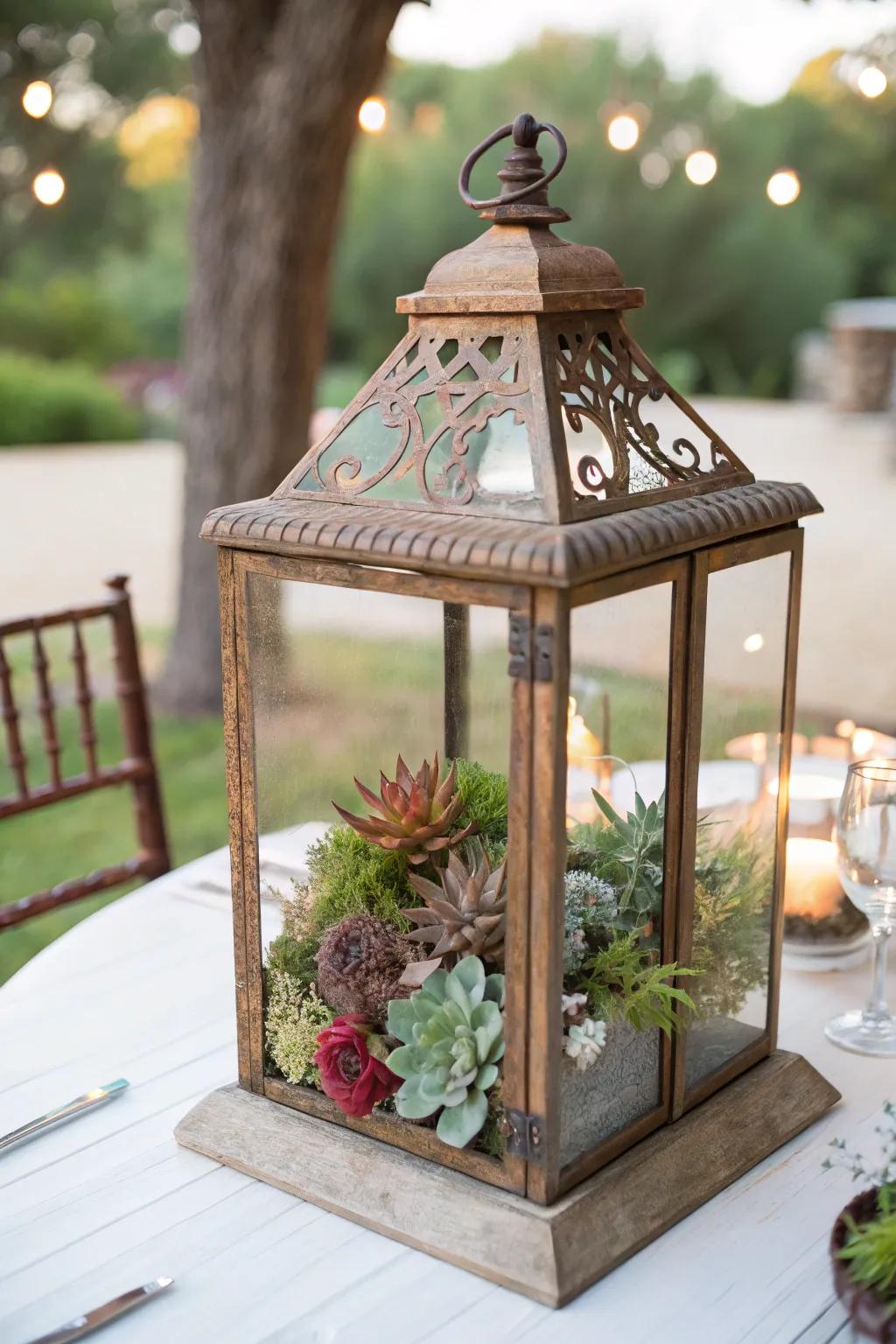 A vintage lantern evolves into a magical succulent haven.