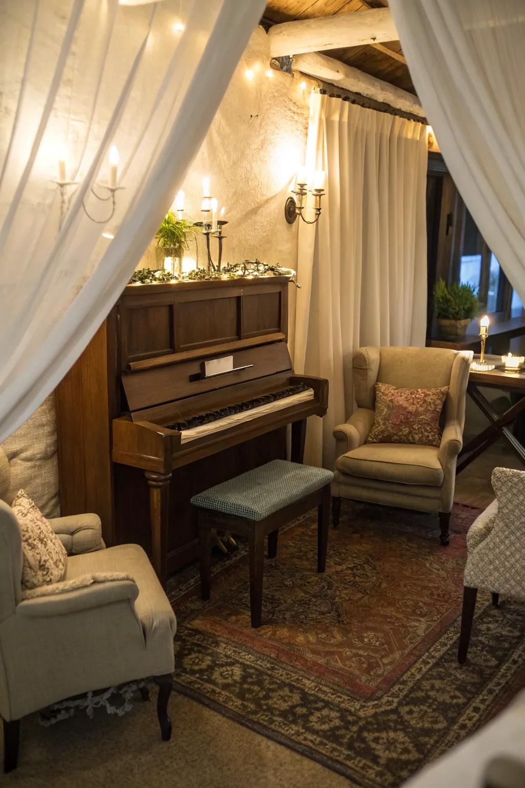 A cozy nook featuring an upright piano, comfortable seating, and ambient lighting.
