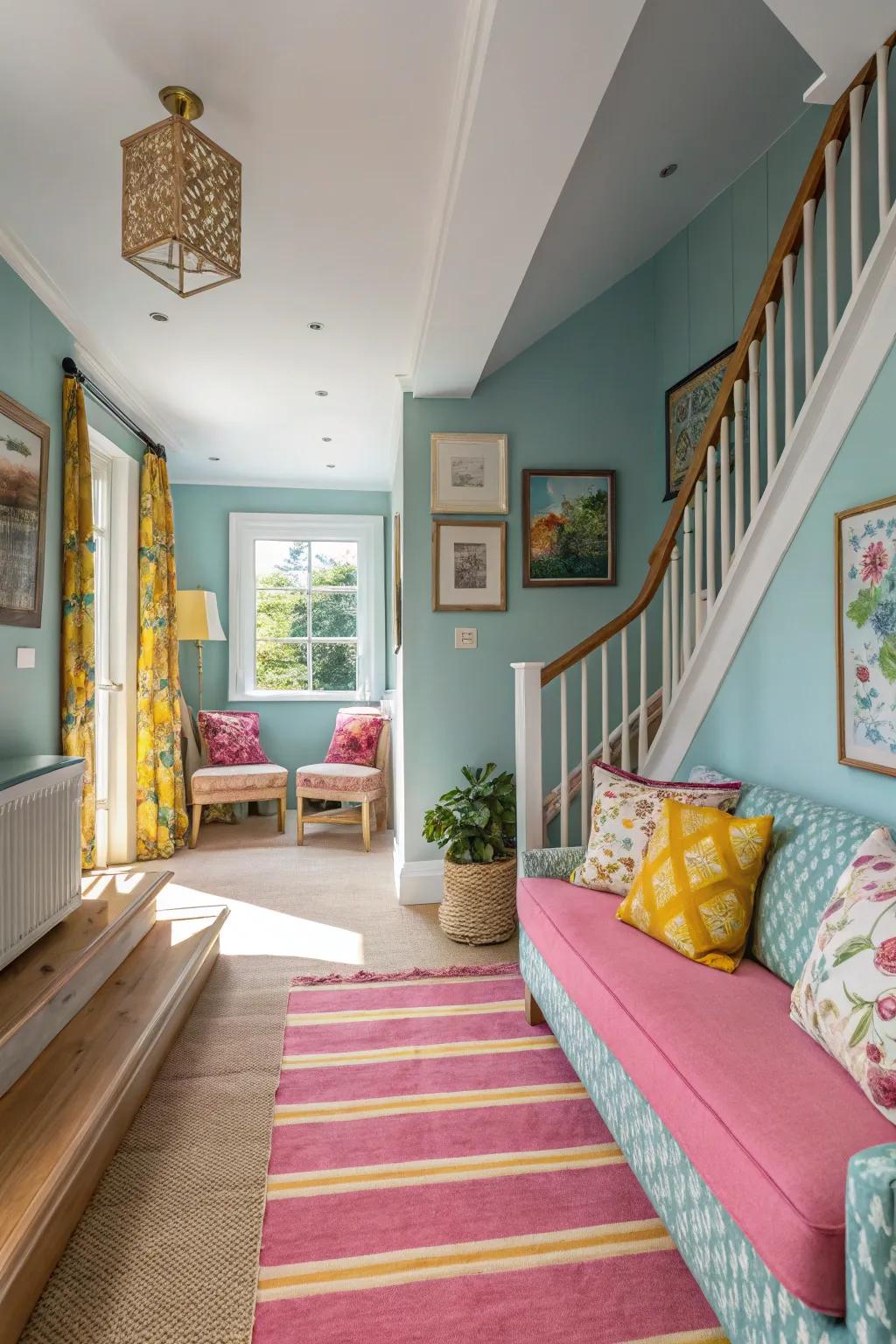 A cohesive color scheme transforms the upper hallway.