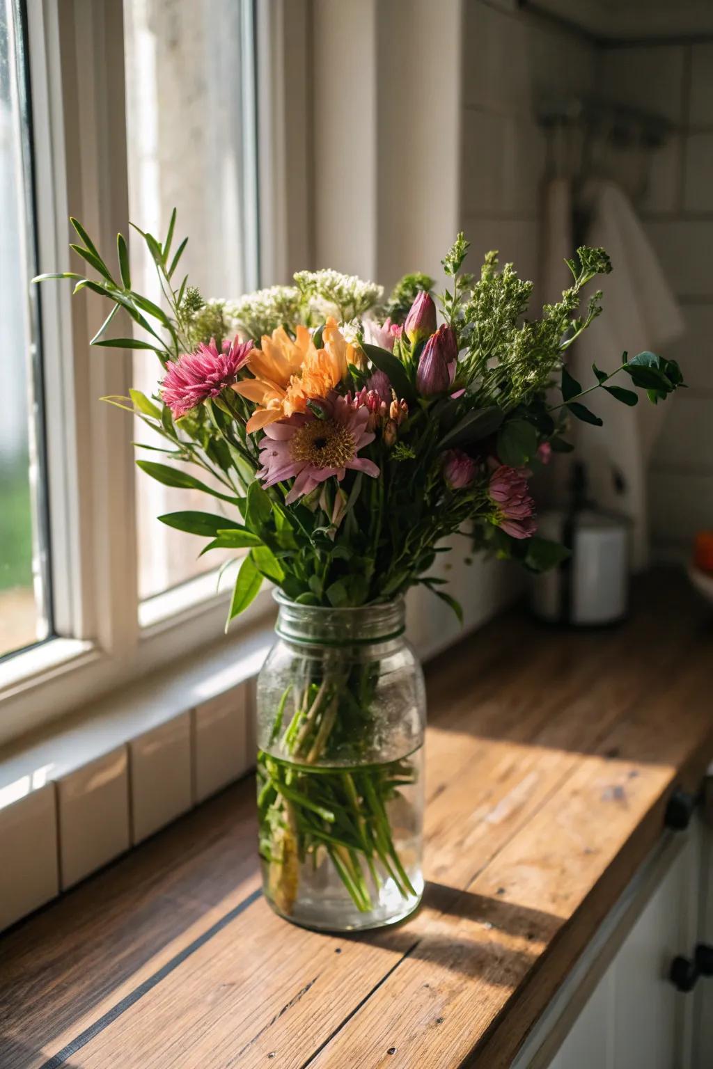 Flower arrangement in an eco-friendly glass jar.
