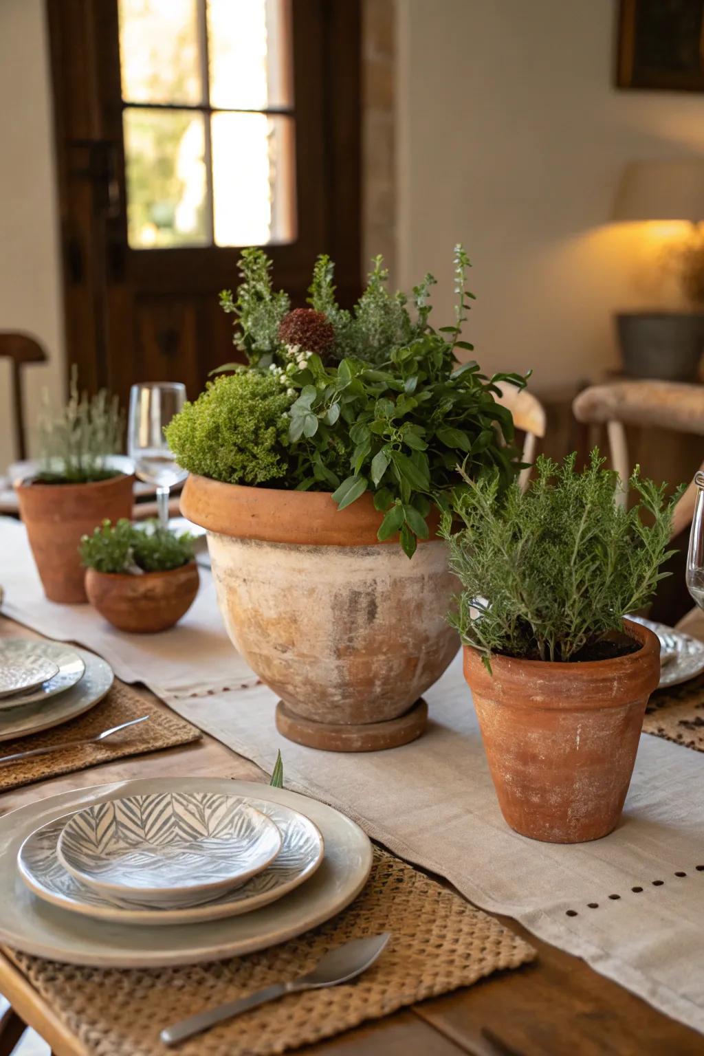 Handmade earth-tone pots bring earthy charm to the table.