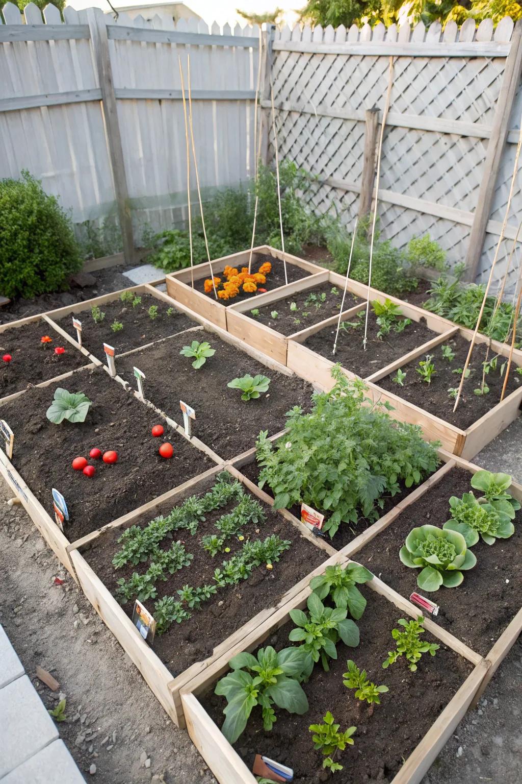 Efficient and organized: a small garden employing square foot gardening techniques.