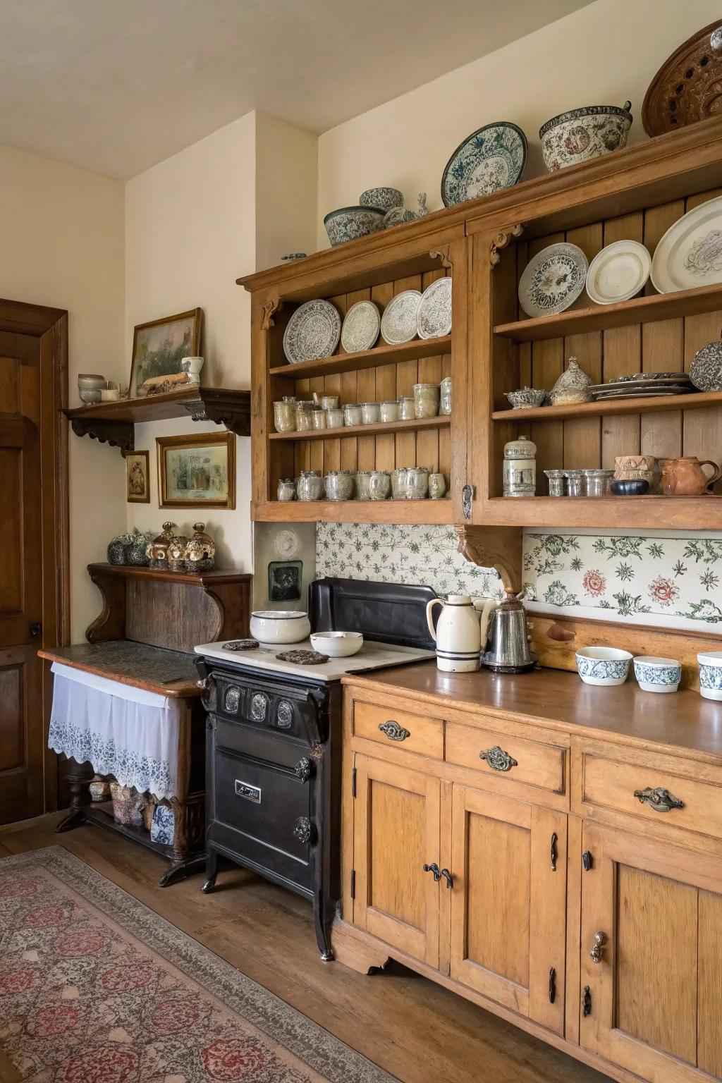 Open shelving showcases personal collections in a Victorian kitchen.