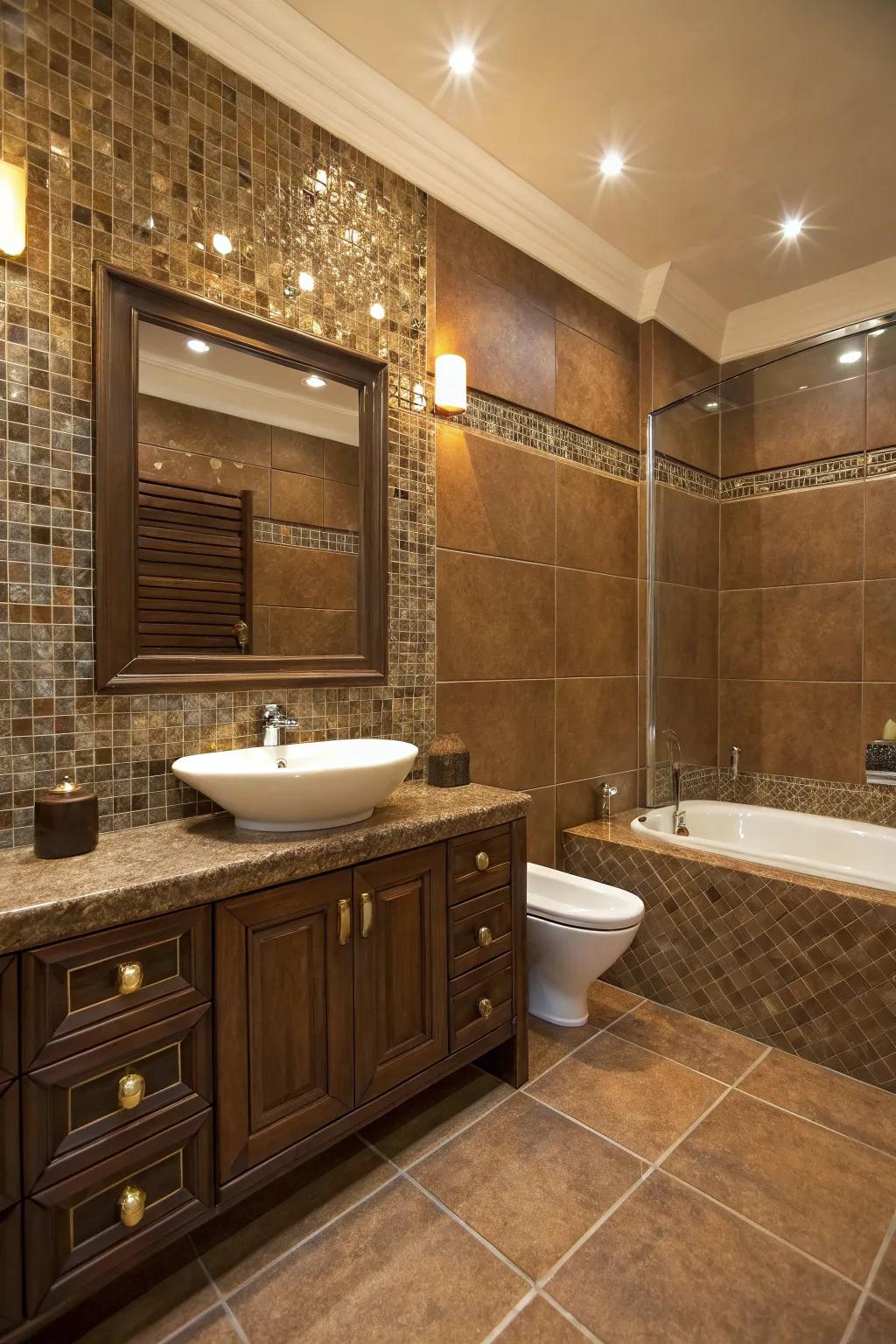 Bronze inlays add luxury and depth to vintage brown tiles.