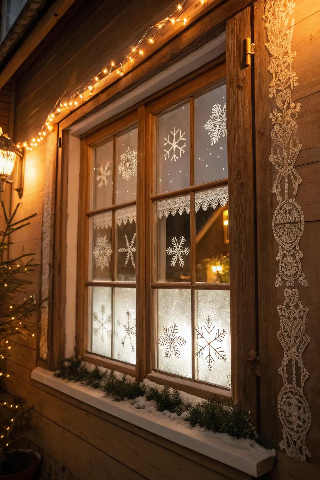 Whimsical fenestration displays capture the enchantment of a bygone-era Yuletide.