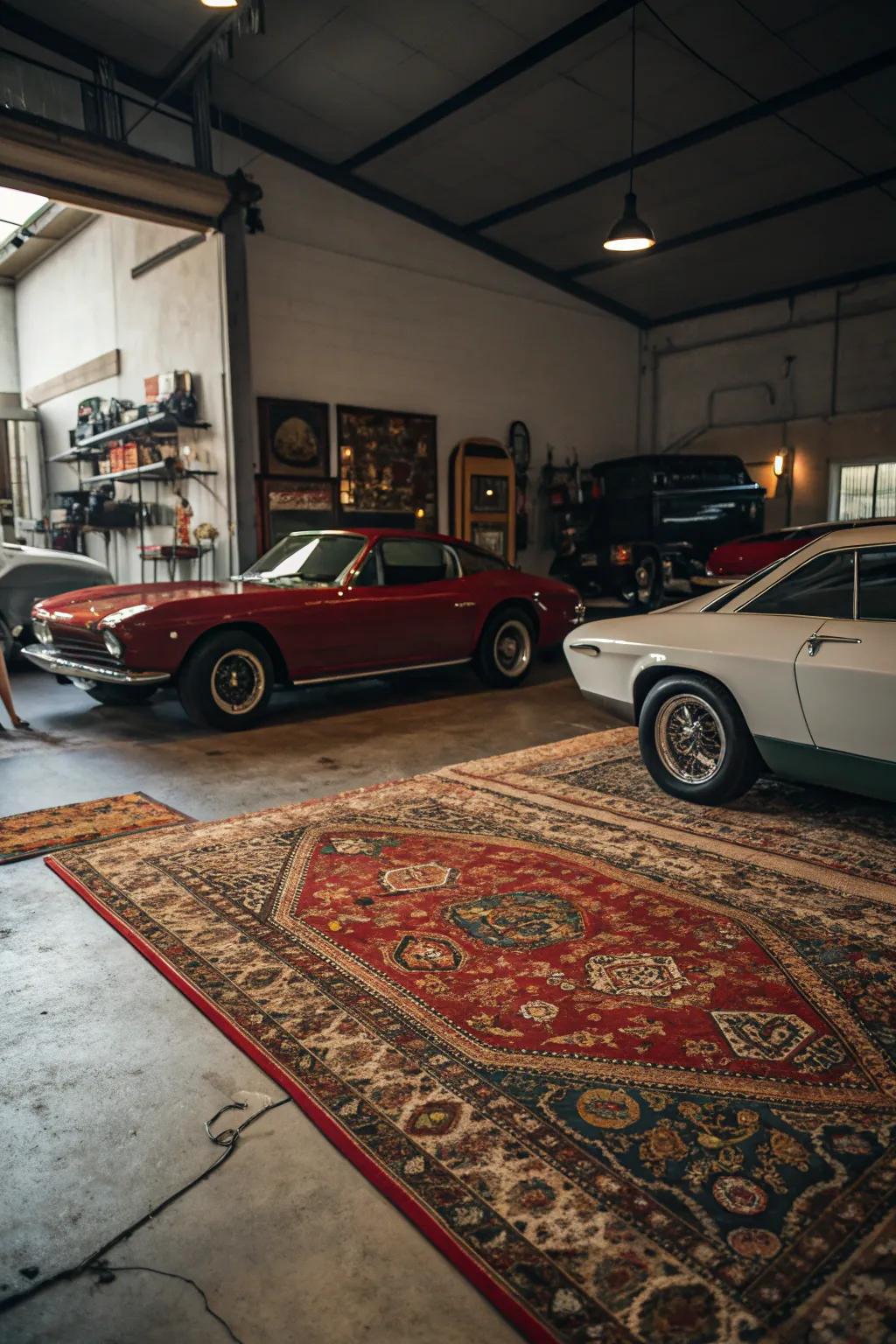 Vintage floor coverings add warmth and texture to the garage floor.