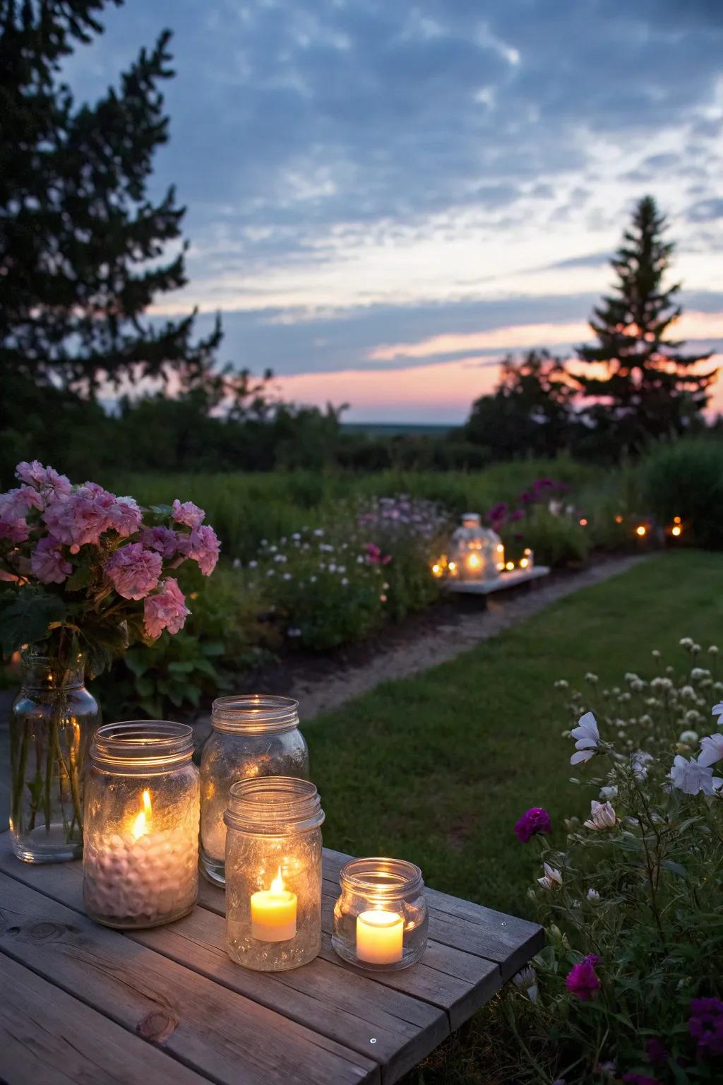 Mason preserving jars fashion enchanting lanterns for garden illumination.