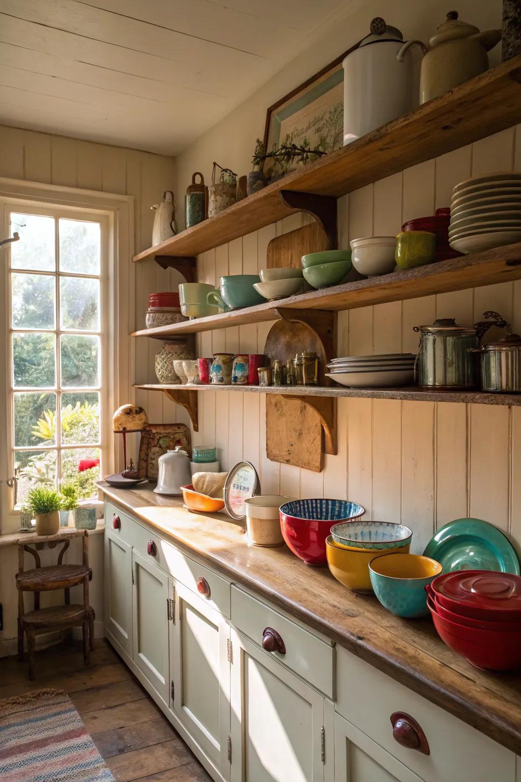 Vintage kitchenware introduces nostalgic charm.
