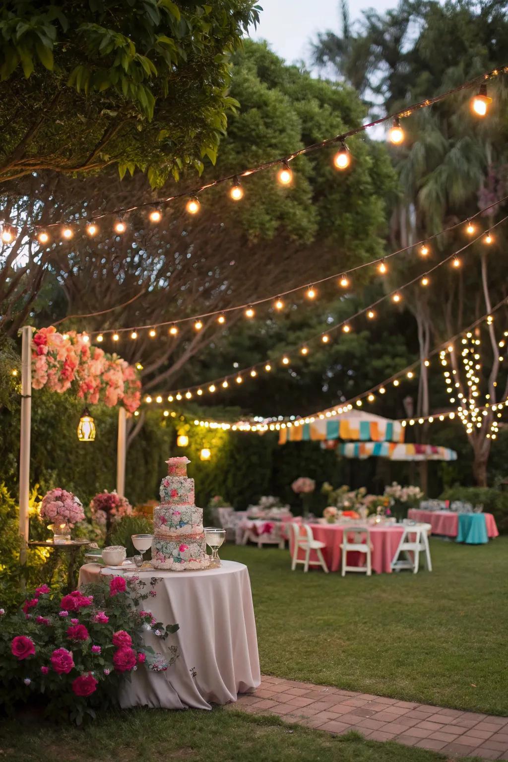 Enchanting string lights illuminating a vintage garden party.