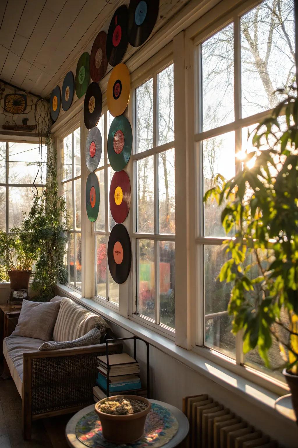 Create a stunning window display by suspending vibrant vinyl records.