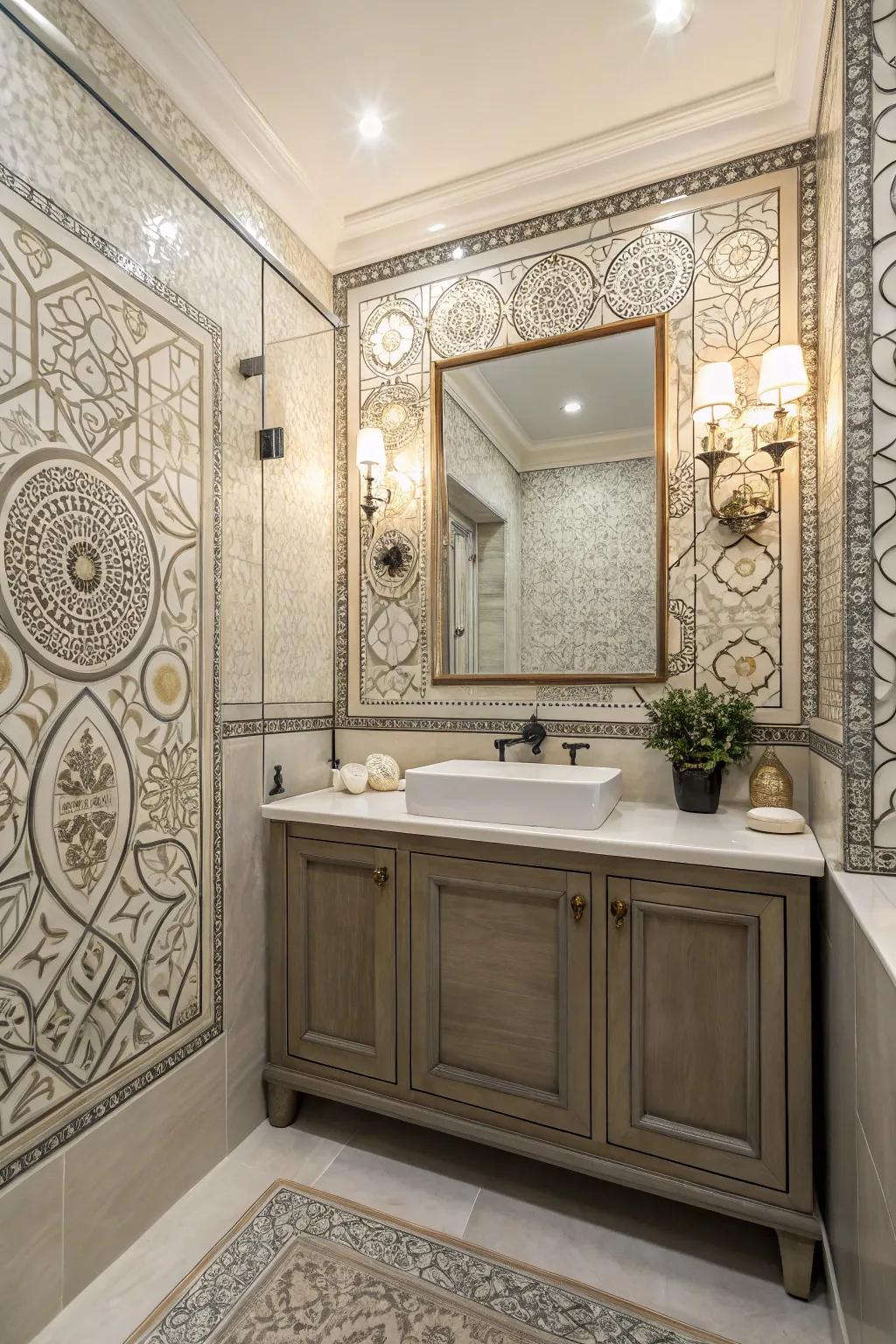 Artistic tiles transform paneling into a creative display.