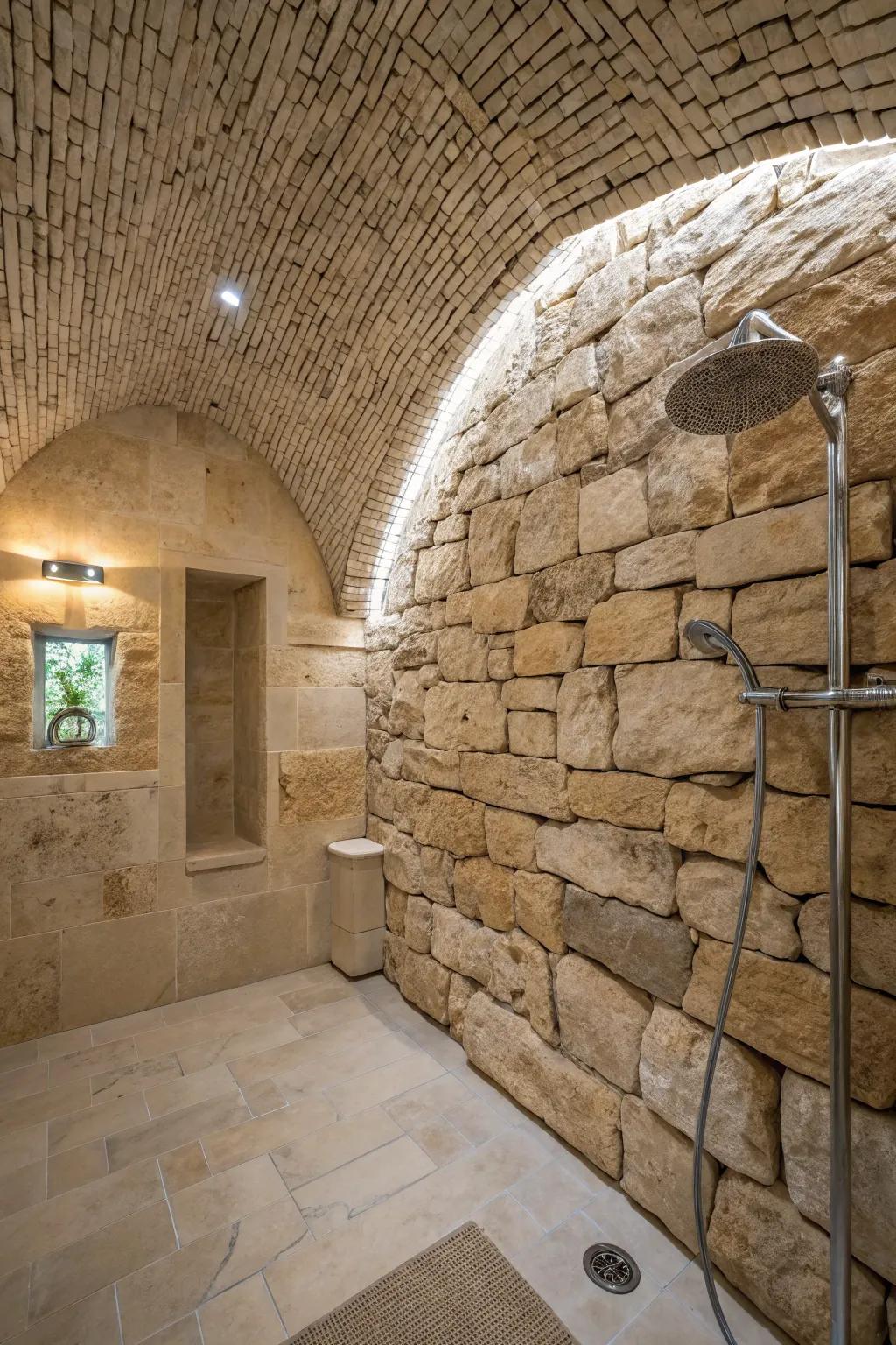 Shower featuring a rounded ceiling and stone patterns.