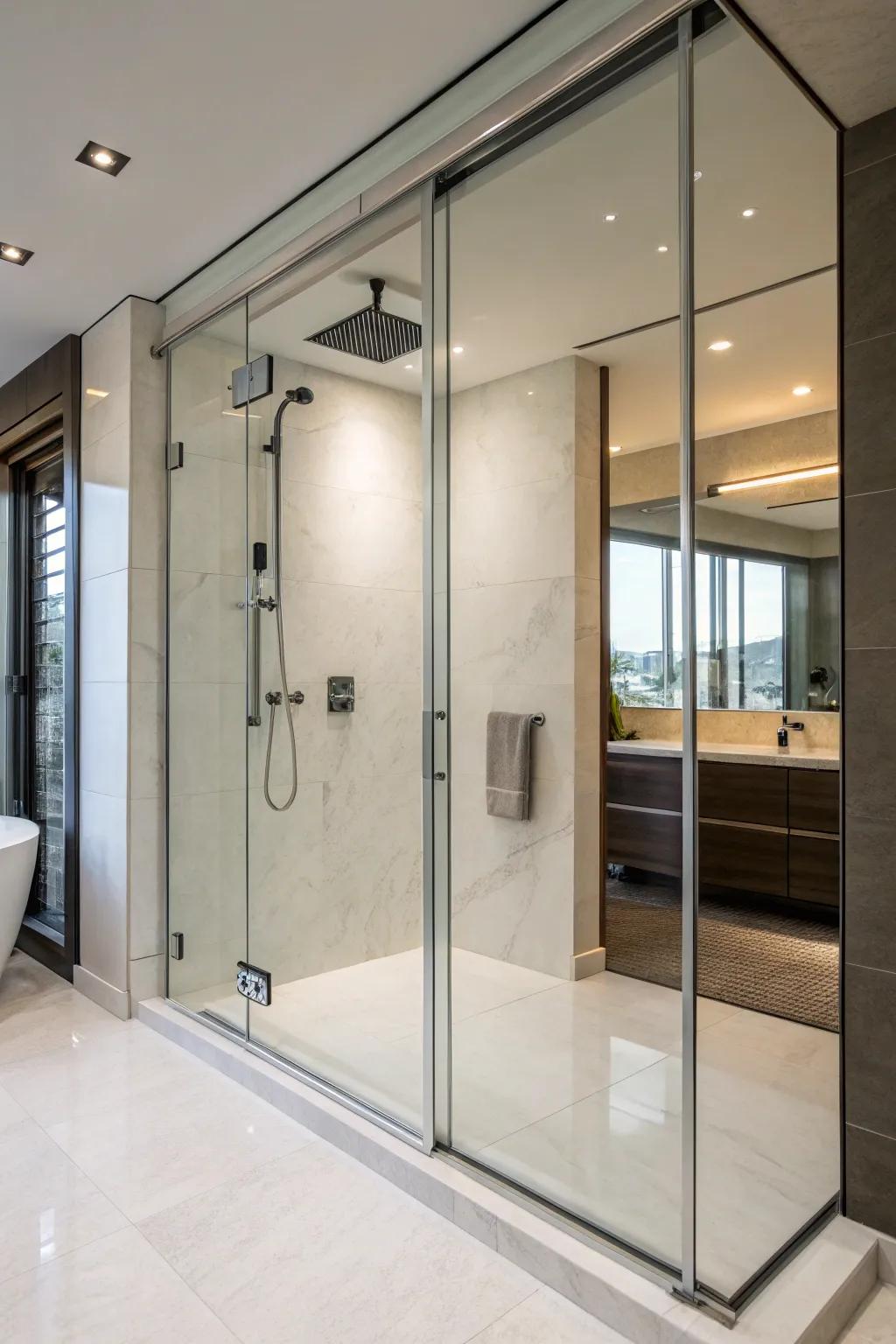 Sliding glass panels offer a smooth transition in this walk-in shower.