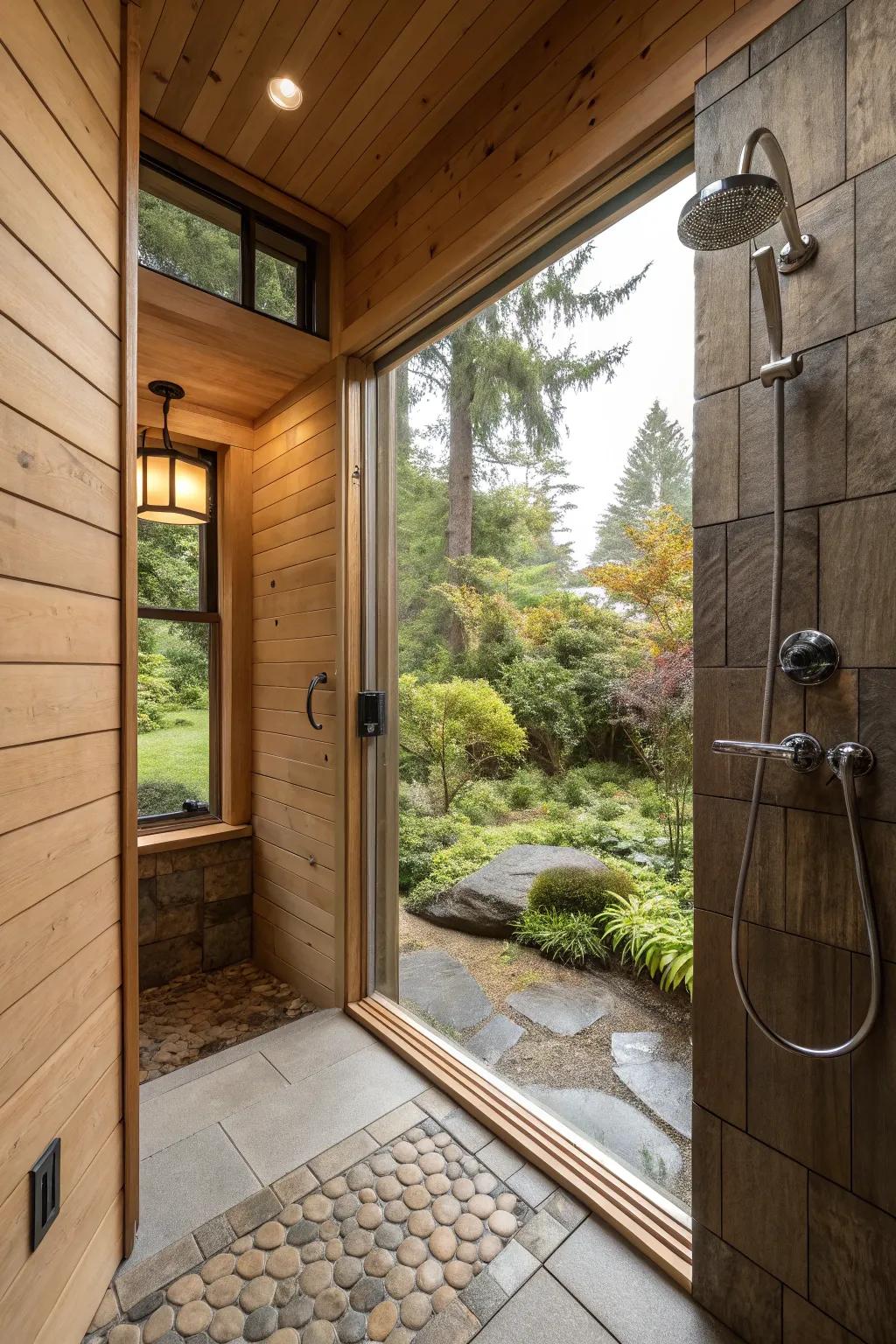 A window garden observed from a walk-in shower, producing a calm, natural atmosphere.