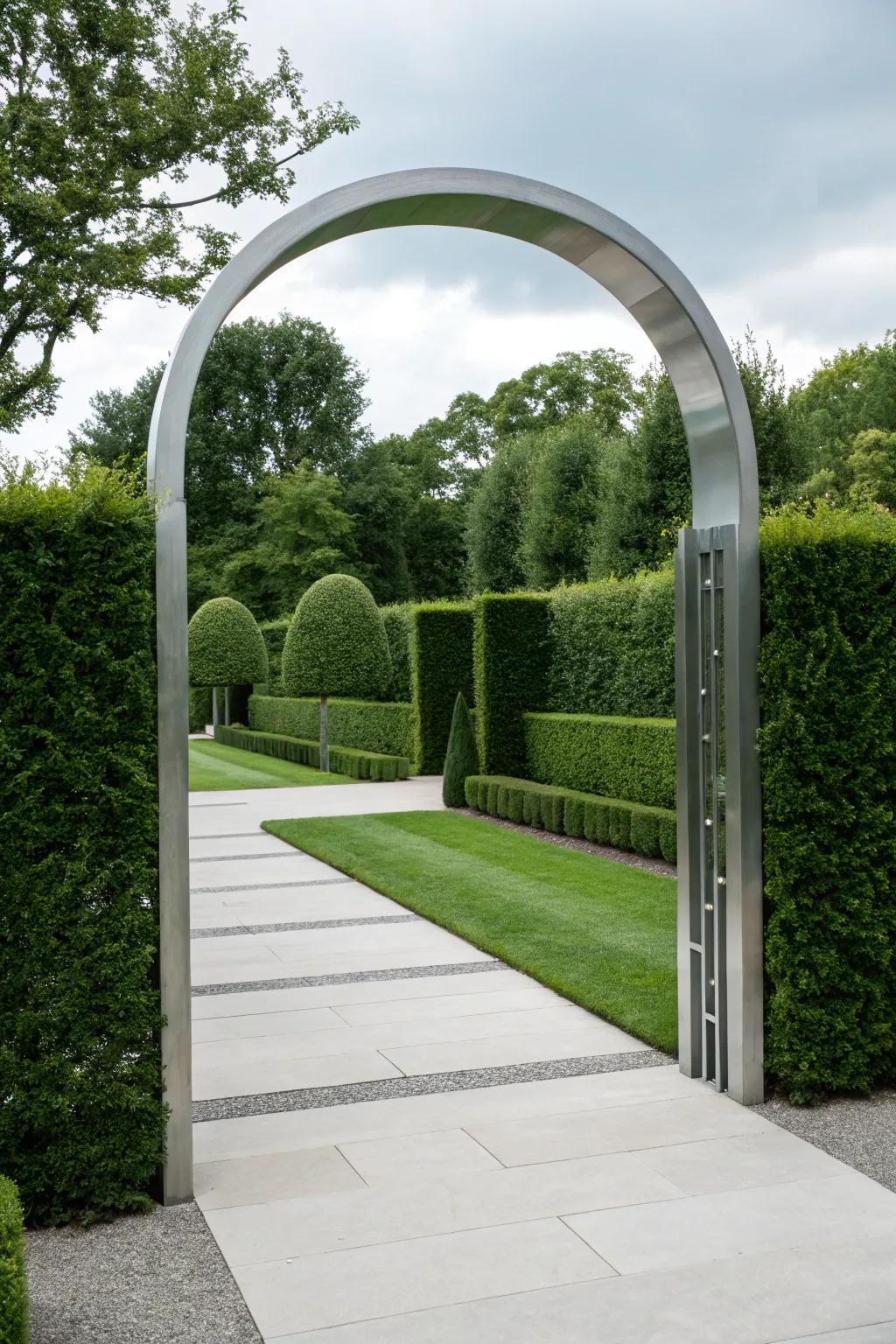 Minimalist arches provide sleek refinement in contemporary garden designs.