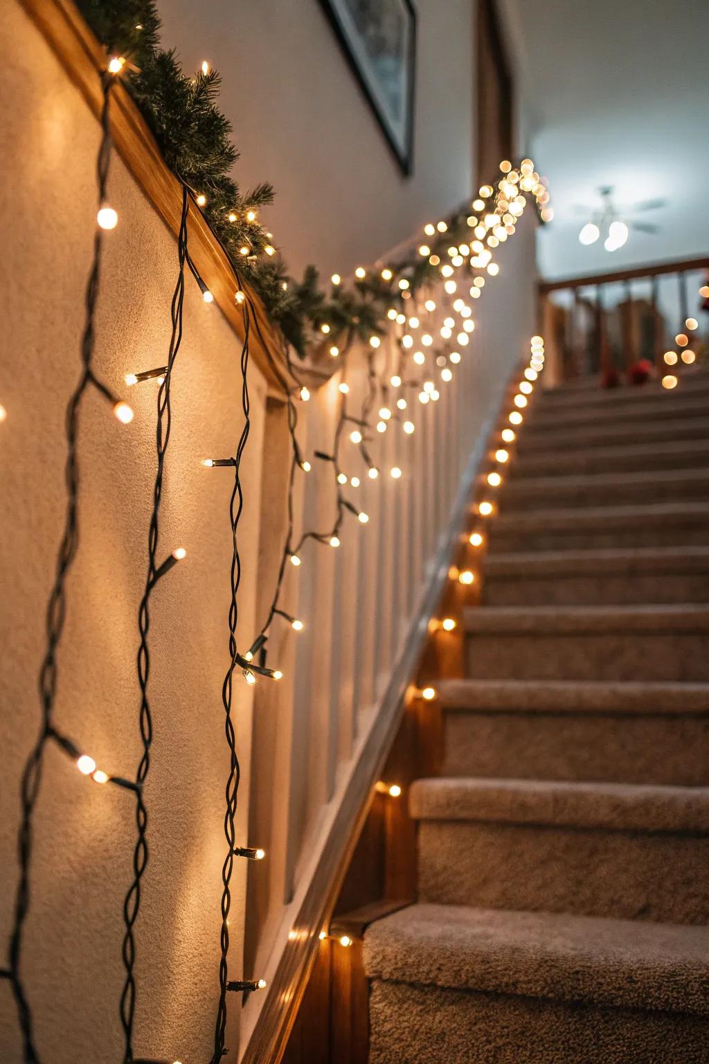 String lights enchant your stairway with warmth and magic.