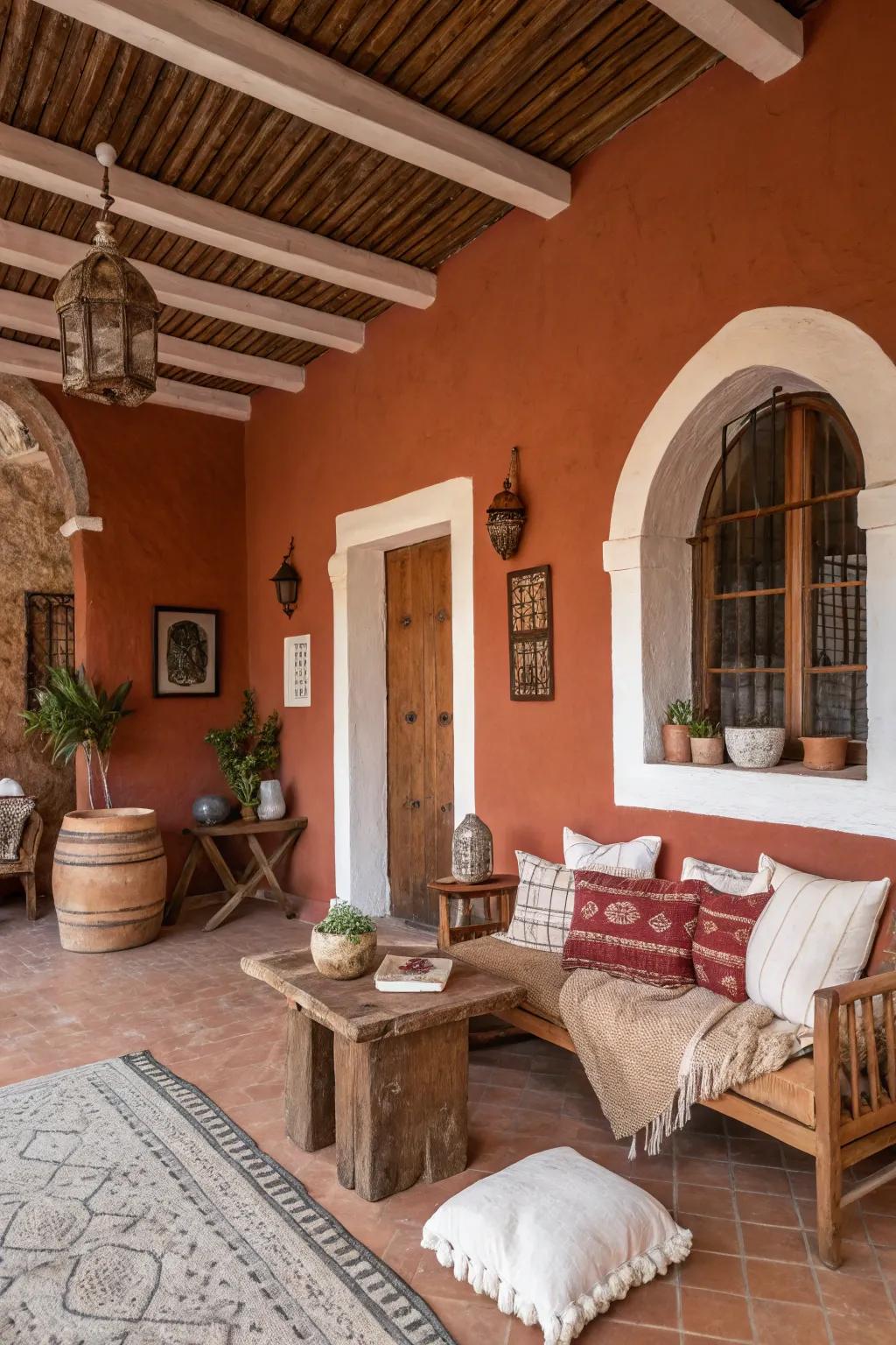Warmth and comfort featuring pottery walls and white trim.
