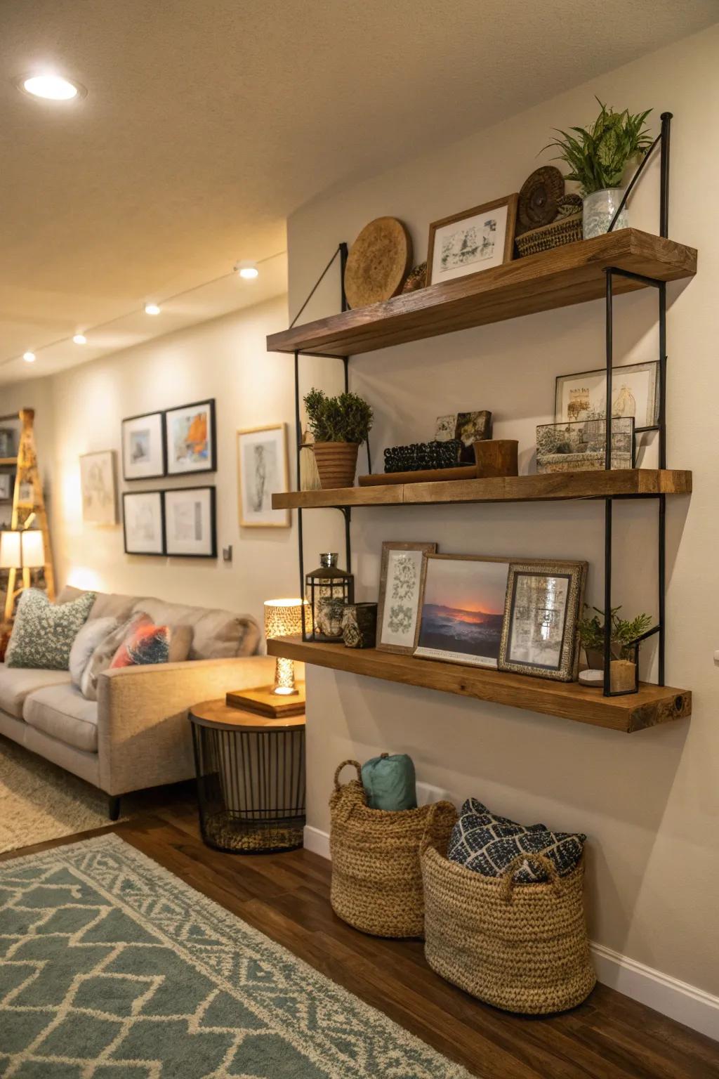 Wall mounted ledges for adaptable art displays in a living room.