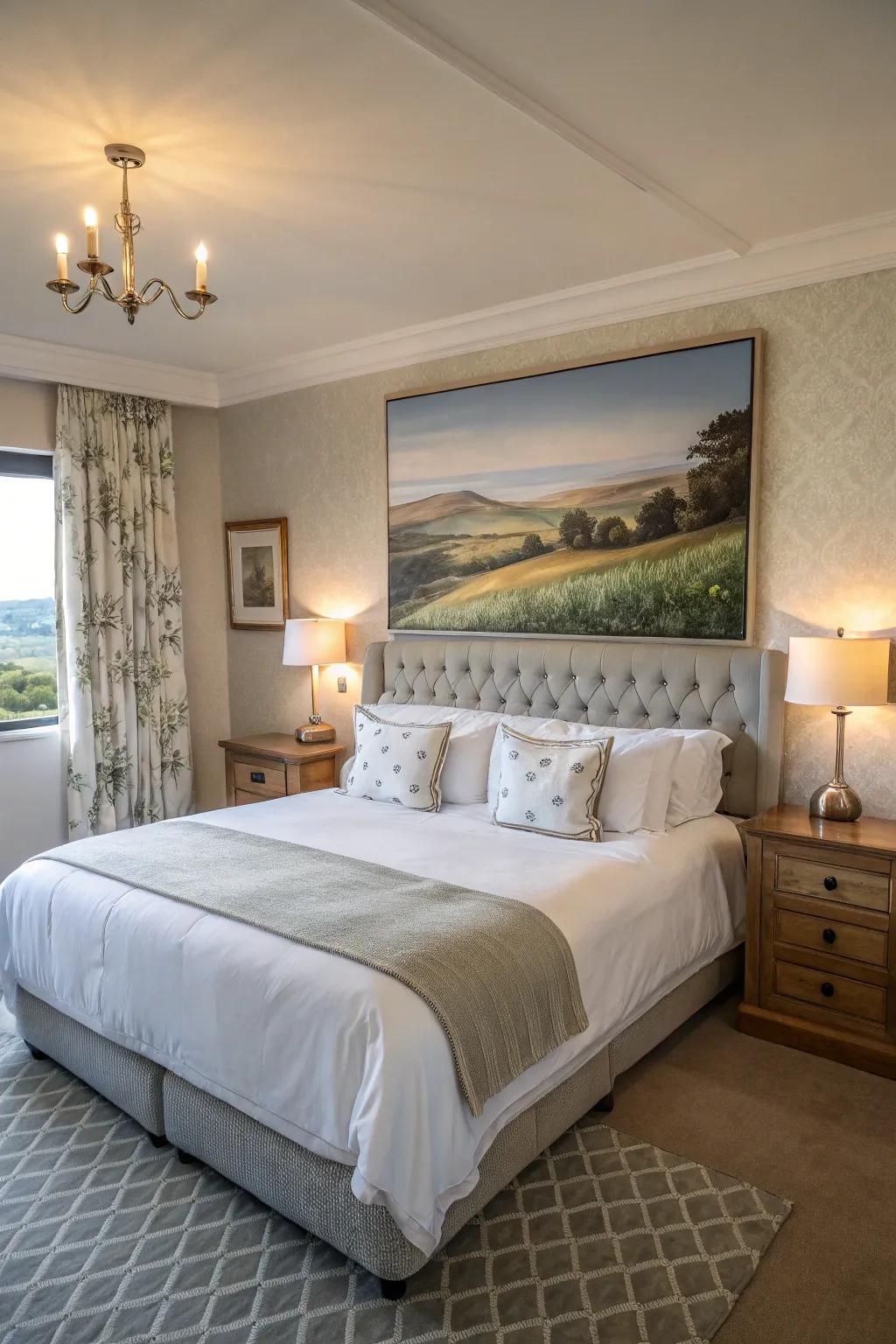 Scenery art brings peace into the bedroom.