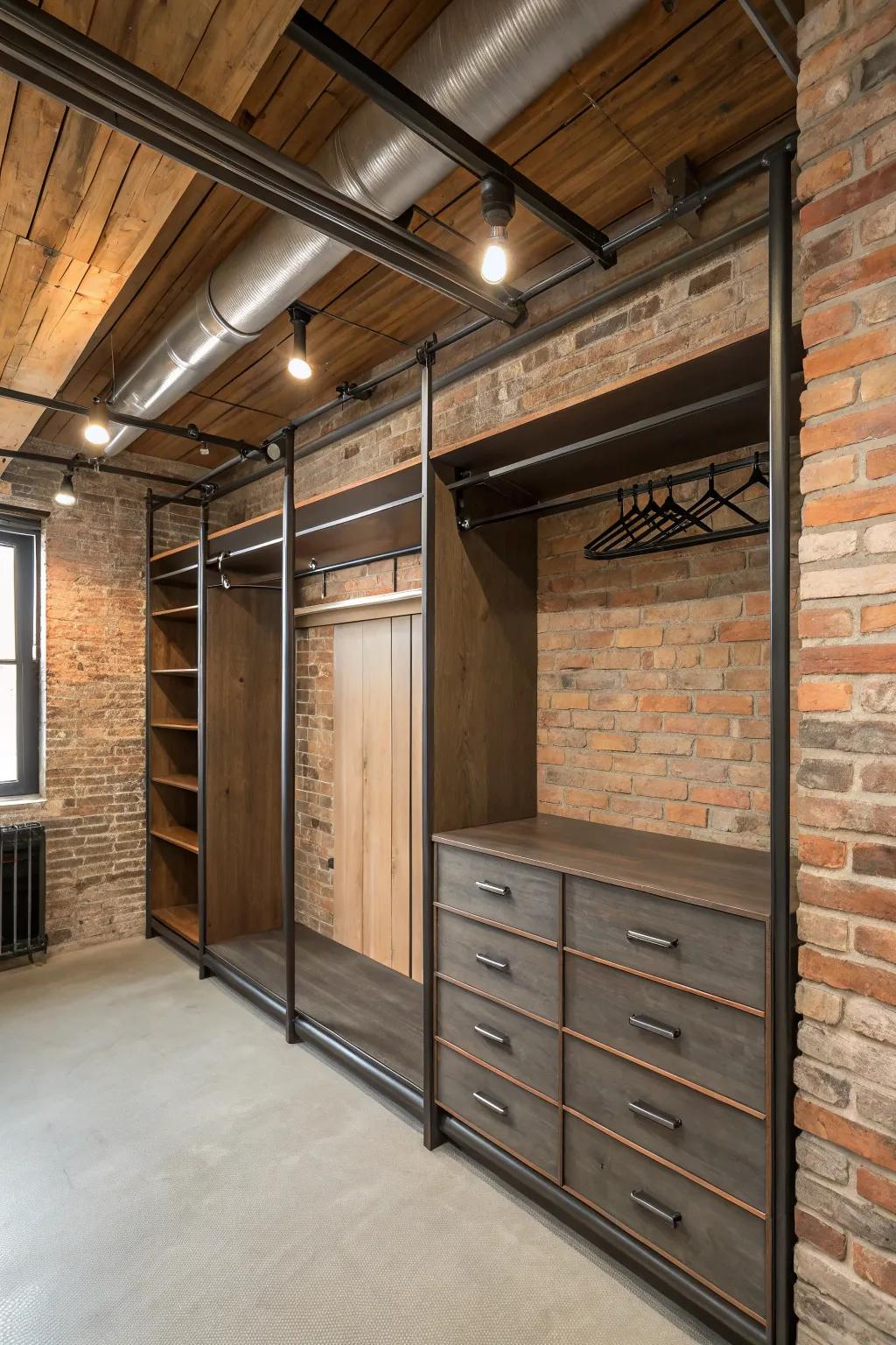 Steel rails give an industrial look to wall closets.