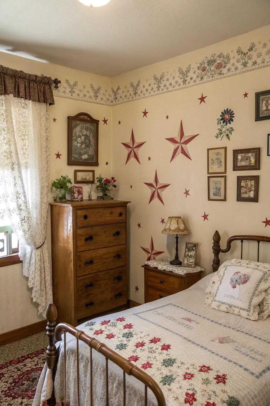 Past Era Appeal appliqués add warmth and historical charm to this bedroom.