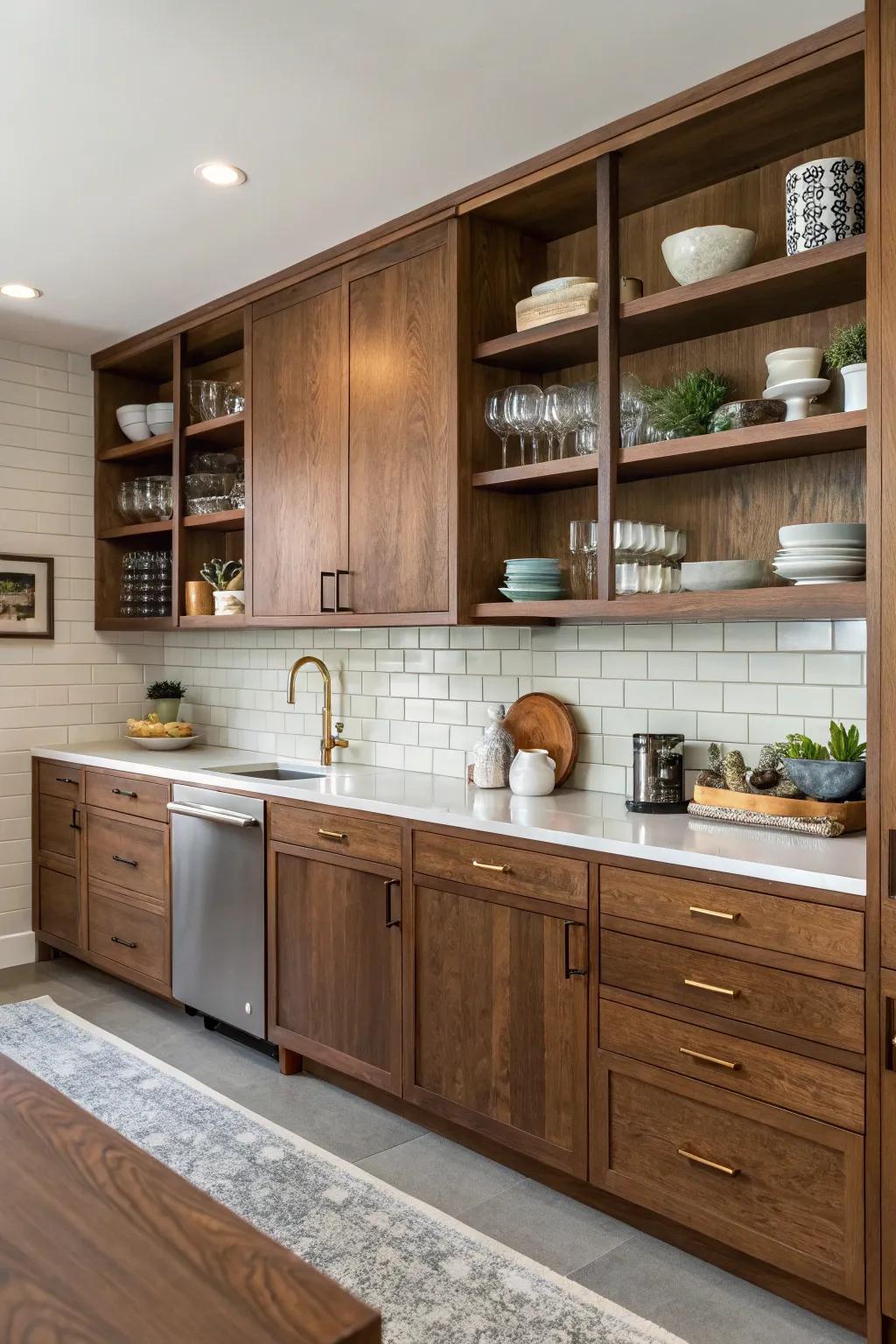 Open shelving complements the elegance of walnut cabinets.