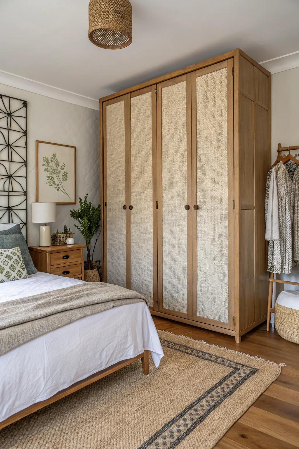Textile segments on closet entrances for a snug nuance.