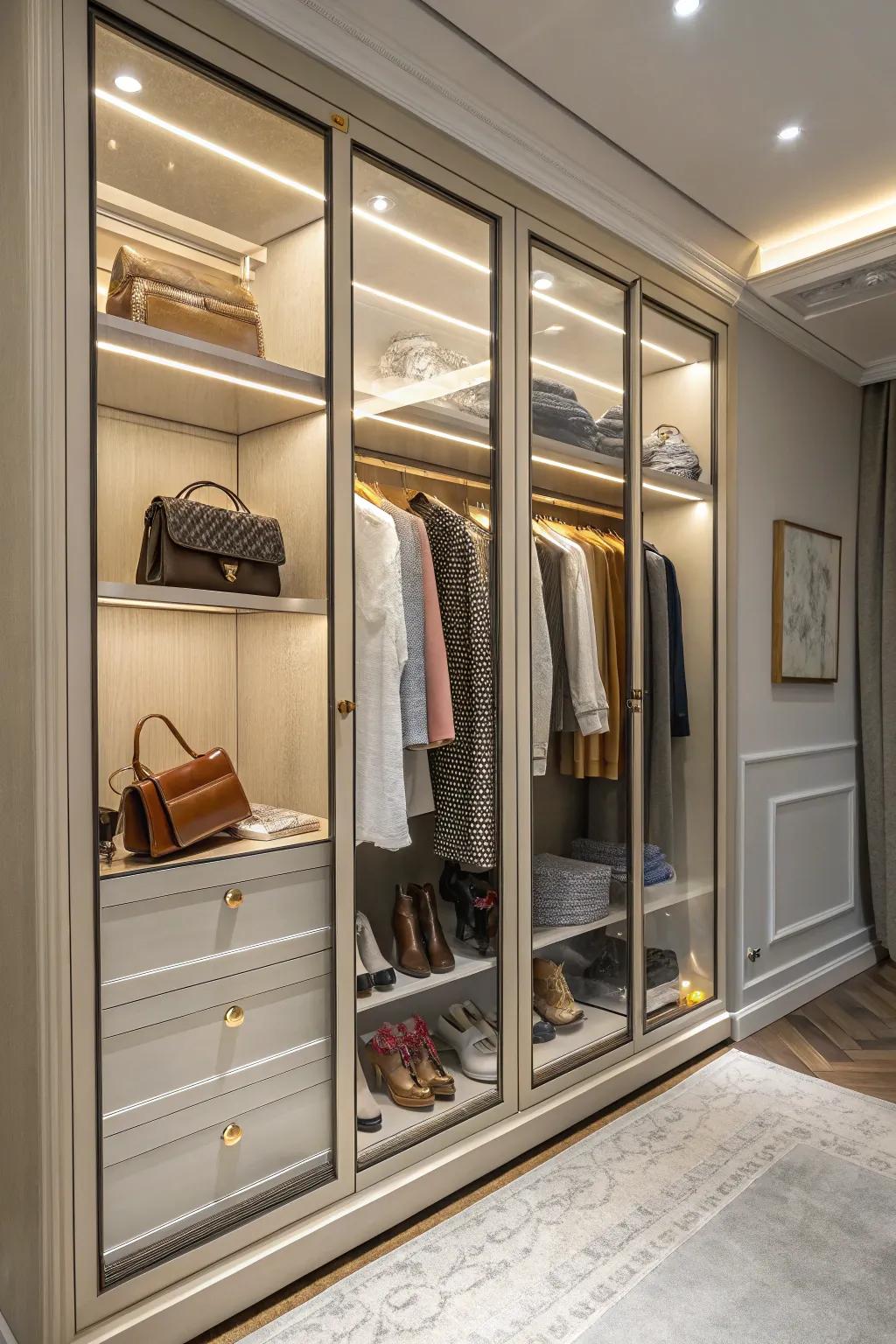 Clear doors bring a contemporary vibe to wardrobe interiors.
