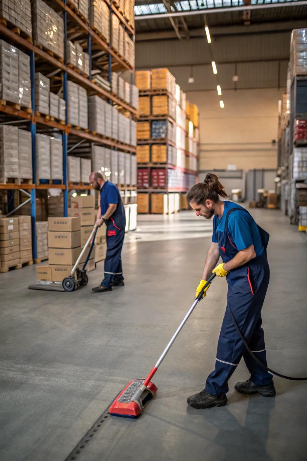 Scheduled cleaning practices uphold a tidy and functional stockroom.