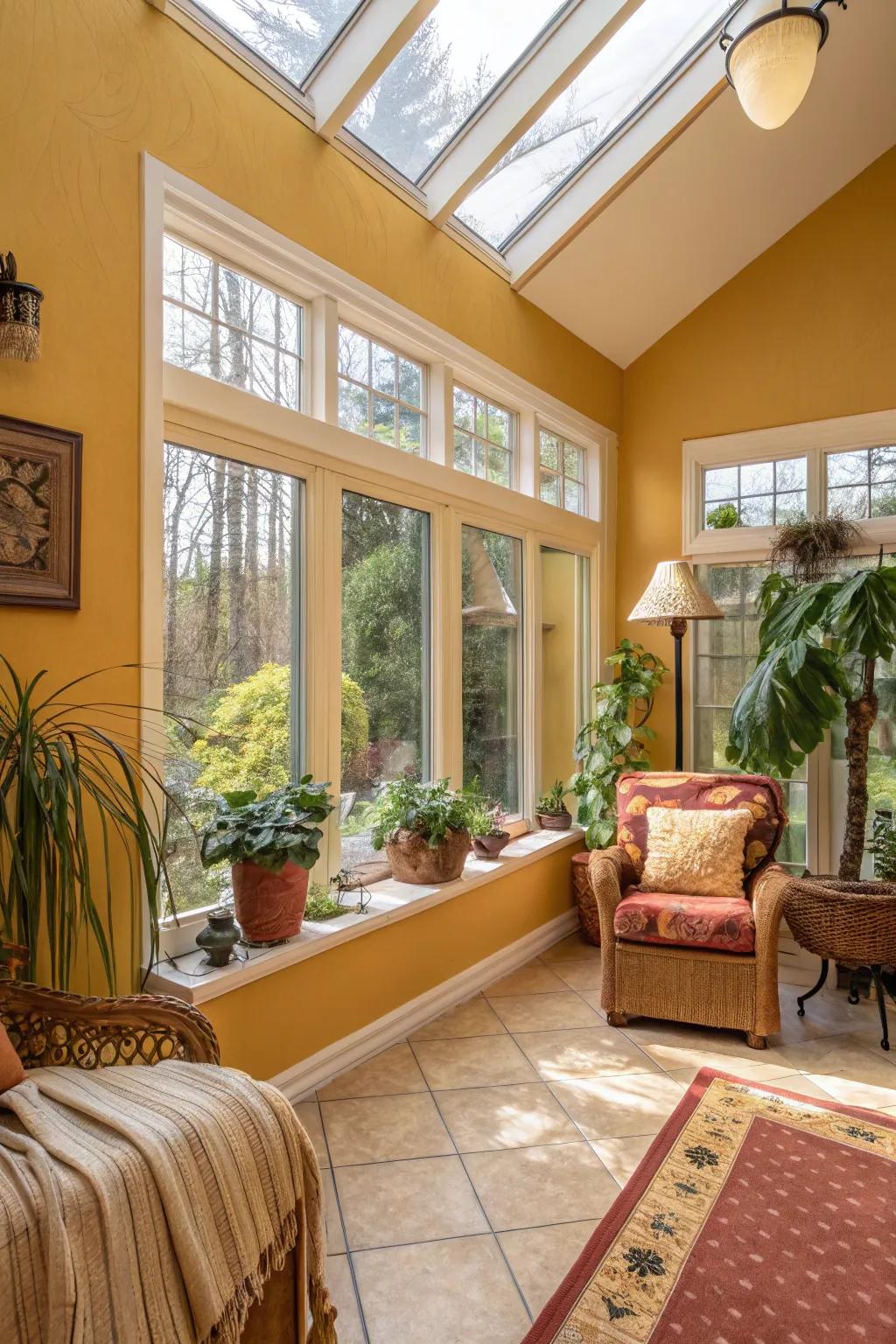Sunroom with golden sand walls, radiating warmth and illumination.