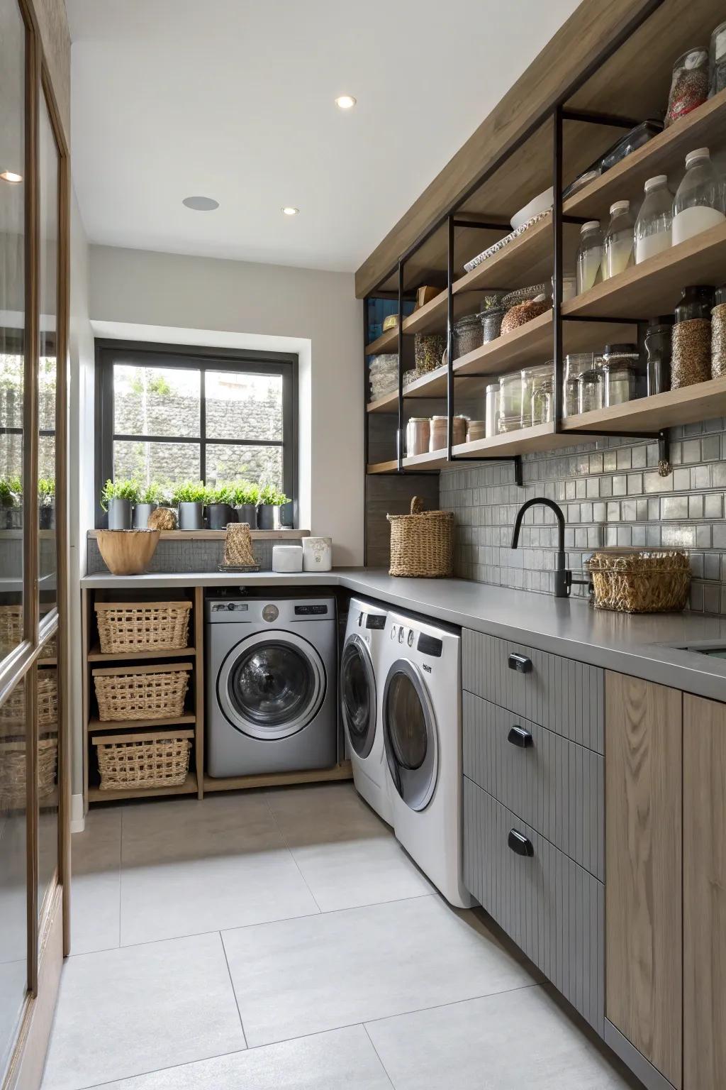 Shelves by appliances make the most of stowing in a kitchen.