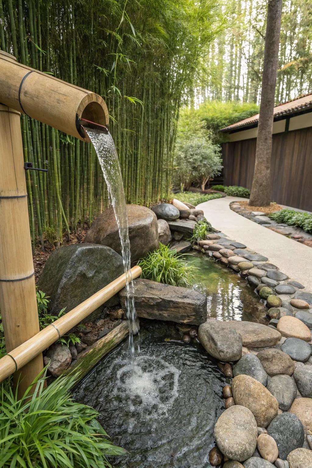 A bamboo cascade delivers zen and tranquility to your garden.