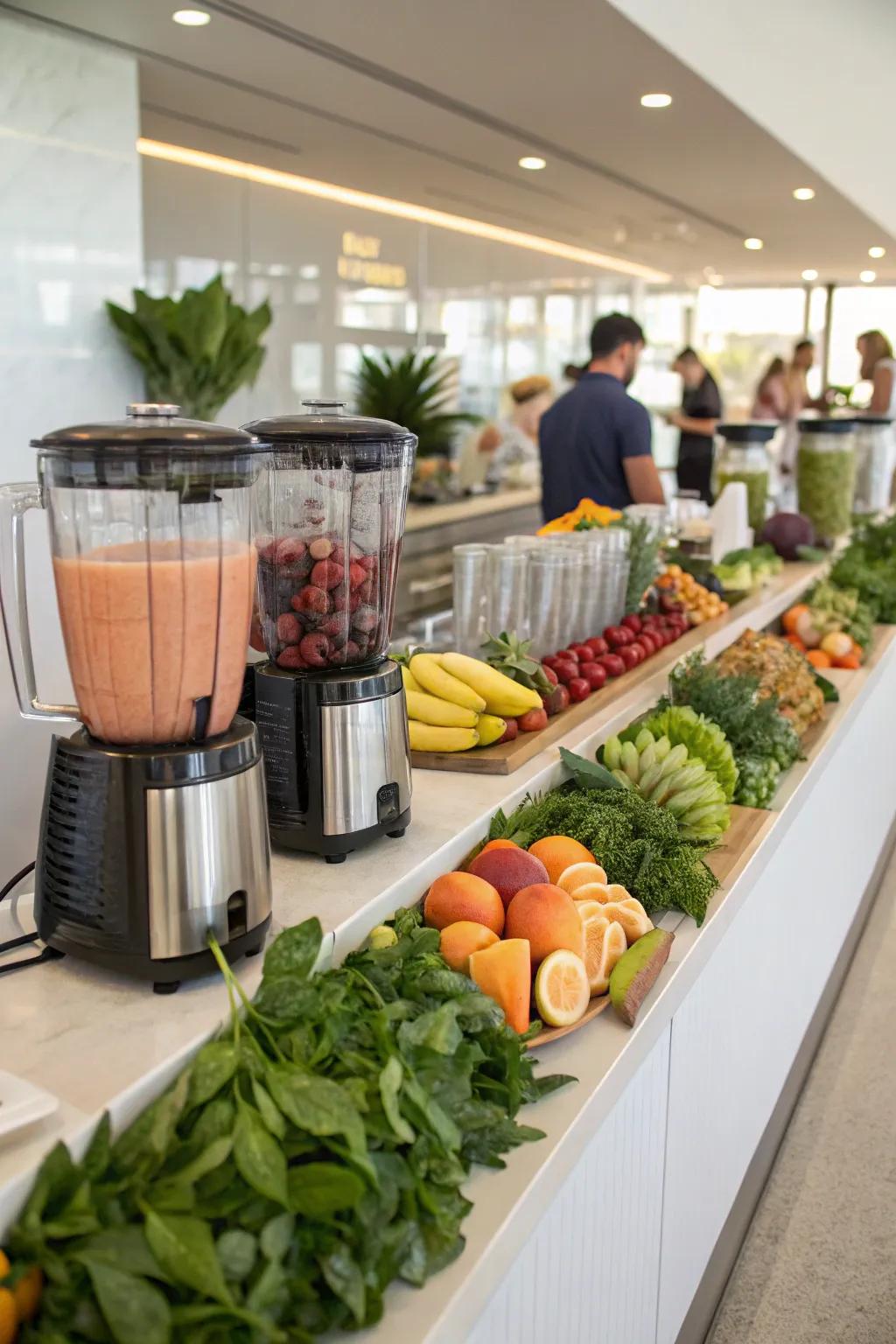 A lively smoothie bar displaying fresh components for crafting personalized refreshments.