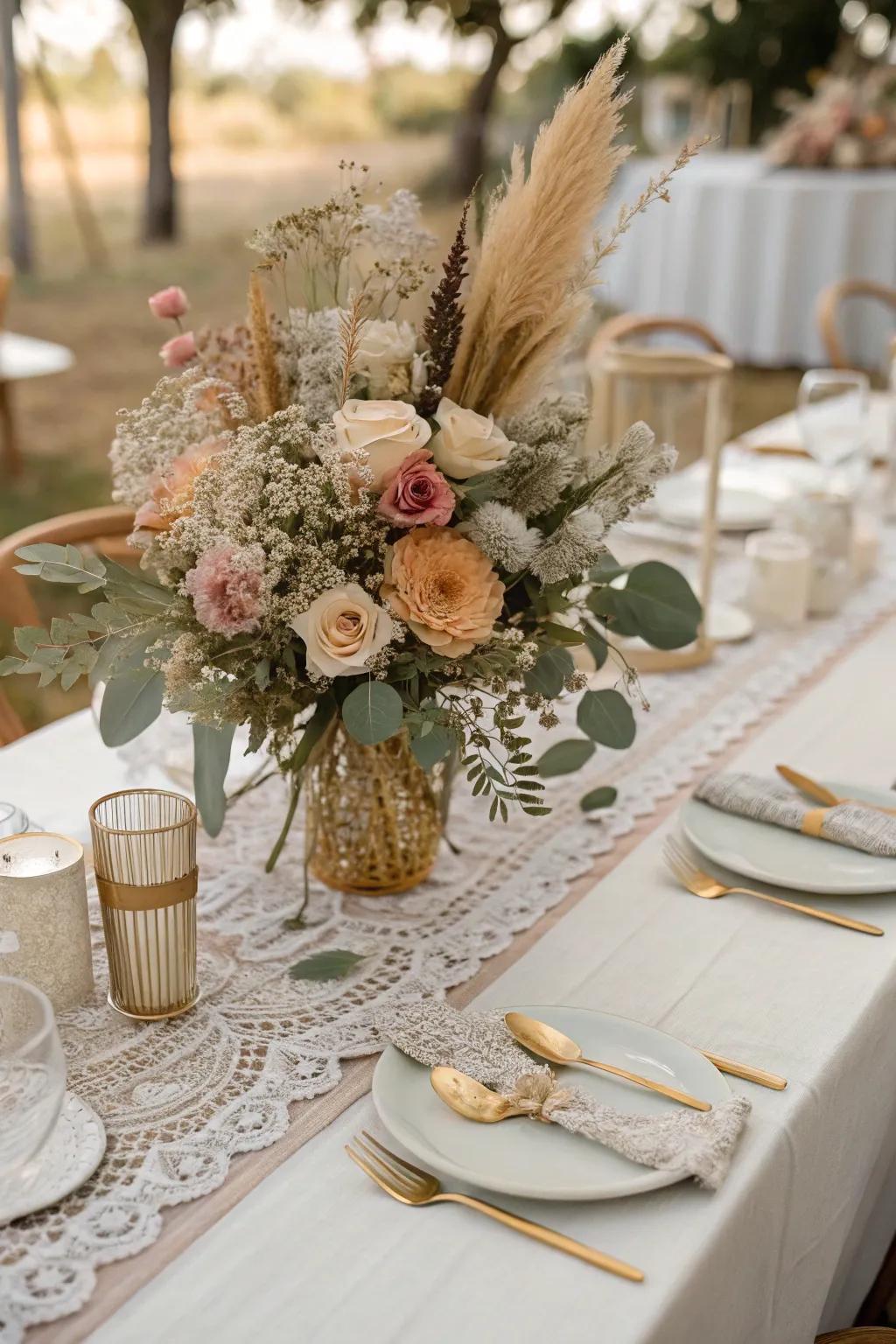 A bohemian centerpiece combines dried and fresh flowers in a stunning display.