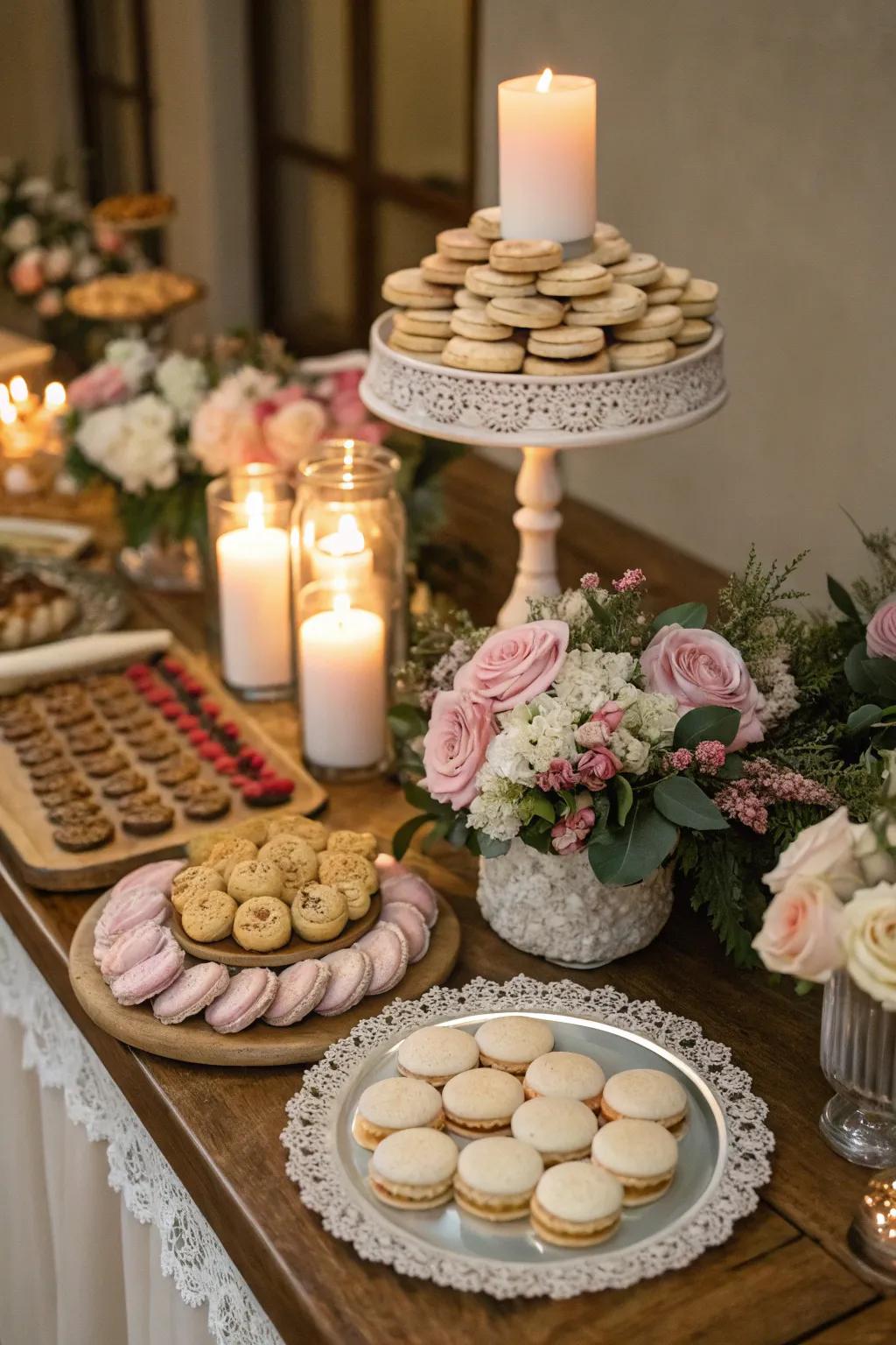 Illuminations create a warm ambiance on a wedding cookie display.