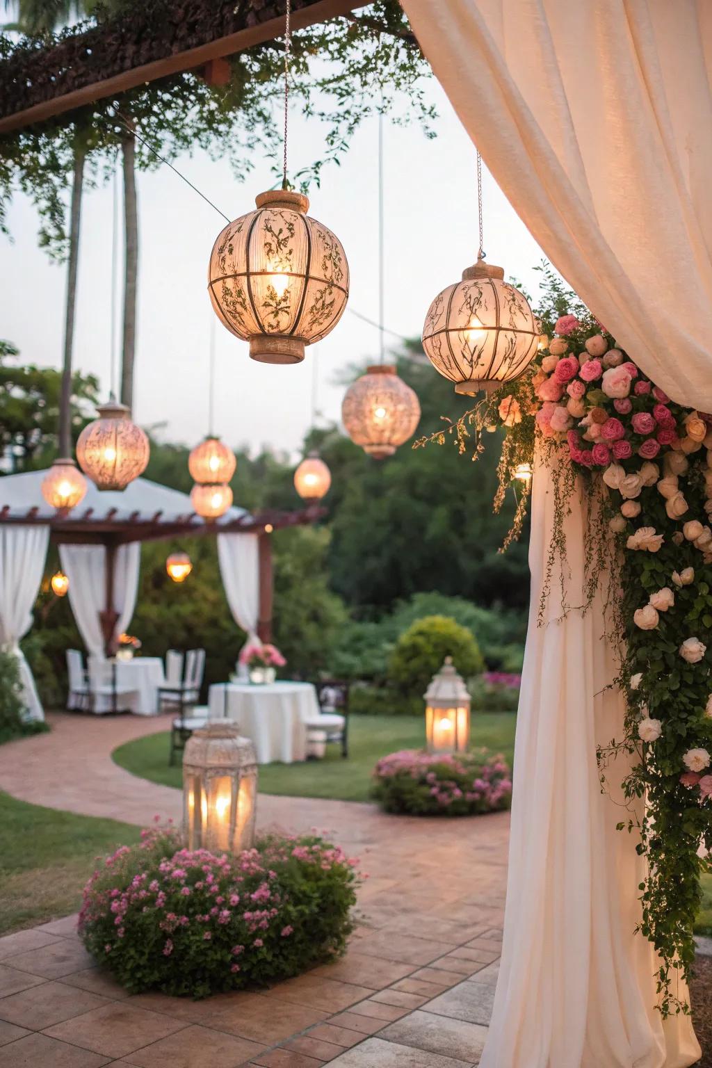 Hanging lamps introduce whimsy to the wedding decorations.