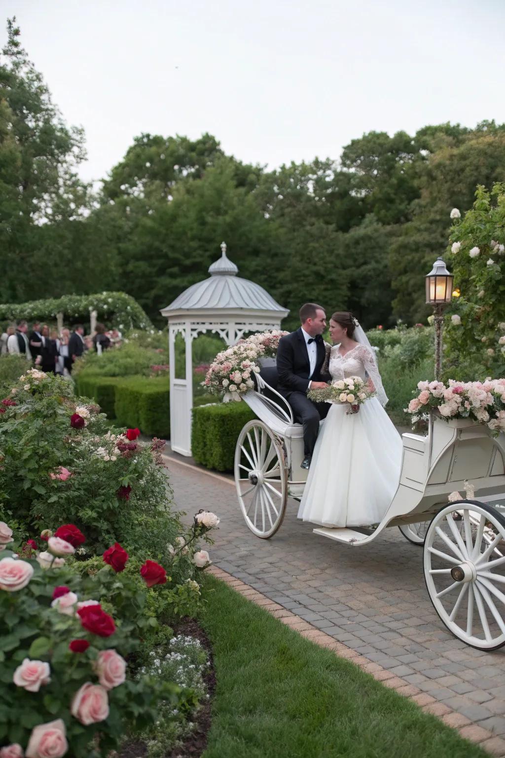 A horse-drawn carriage offers a fairytale start to the couple's special day.