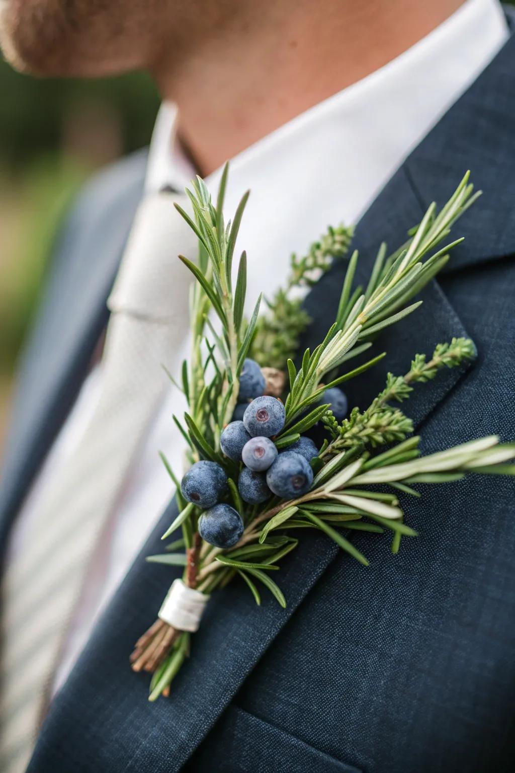 Unique coat flower with rosemary and blueberries