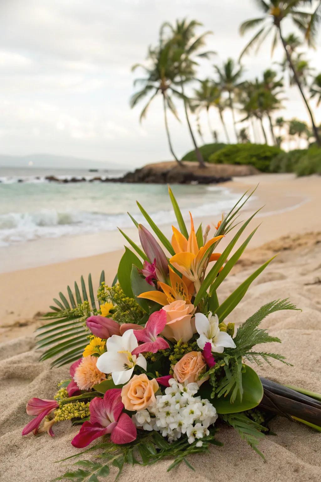 A tropical floral arrangement featuring exotic flowers, adding a unique flair to a beach wedding setting.
