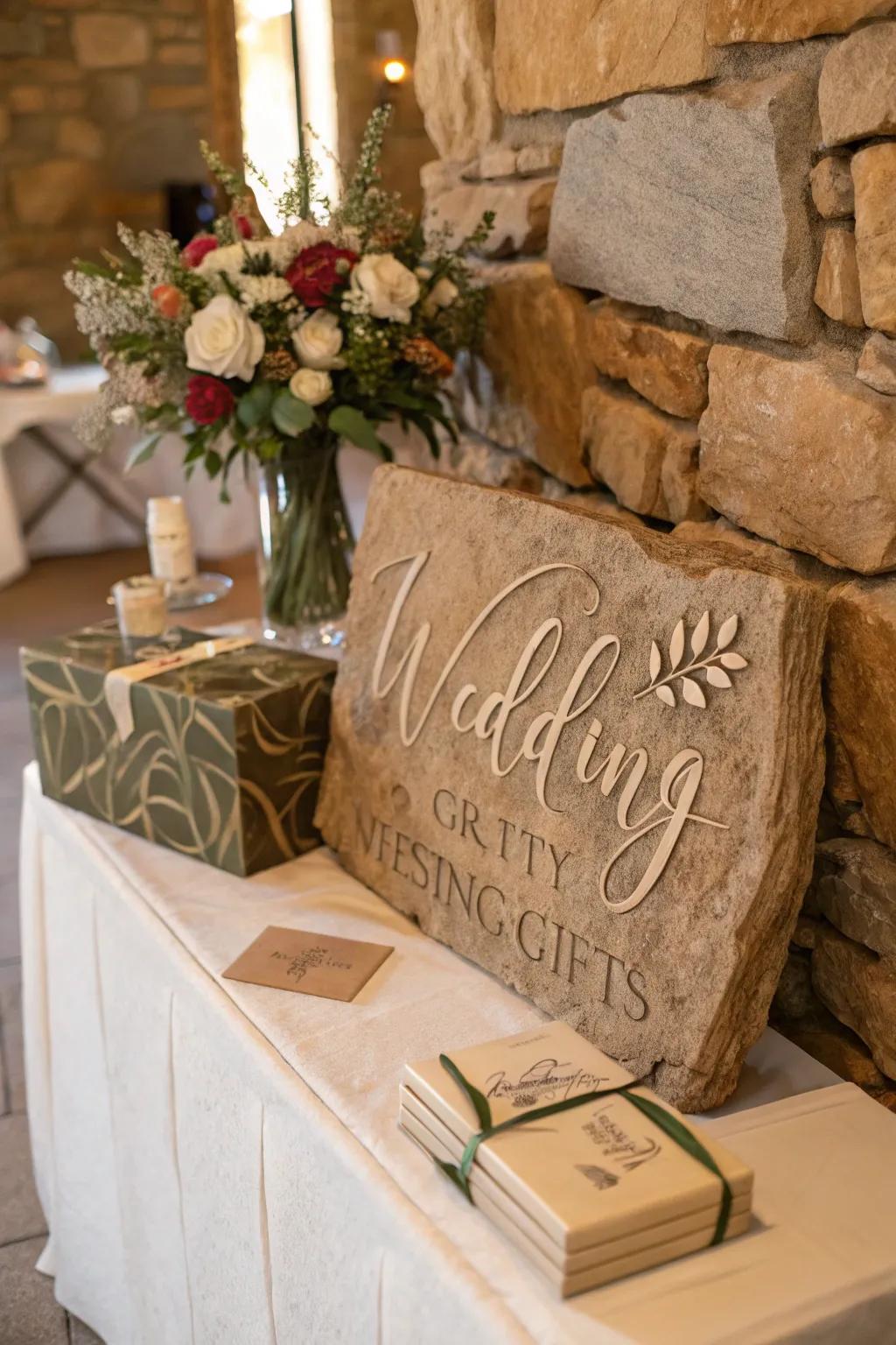 An inscribed stone marker offers a distinctive organic accent.