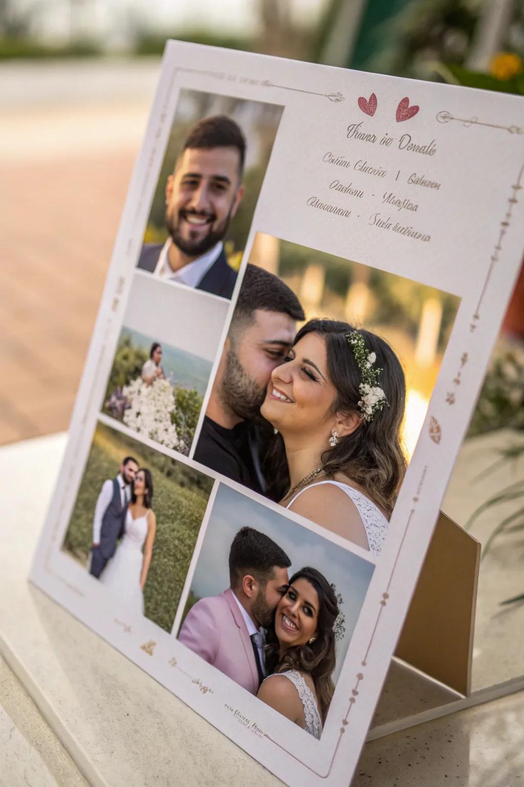 Invitation featuring a collage of couple's photos.